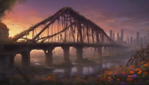 In a post-apocalyptic landscape, a massive, collapsed bridge sprawls across the scene, its rusted beams entwined with creeping vines and wildflowers. Surrounding it, the remnants of a once-thriving city rise from the rubble, their crumbling facades draped in shadows. The sky is painted with hues of orange and purple, reflecting the last light of a dying sun, adding an eerie beauty to this haunting tableau of decay and nature's reclamation.