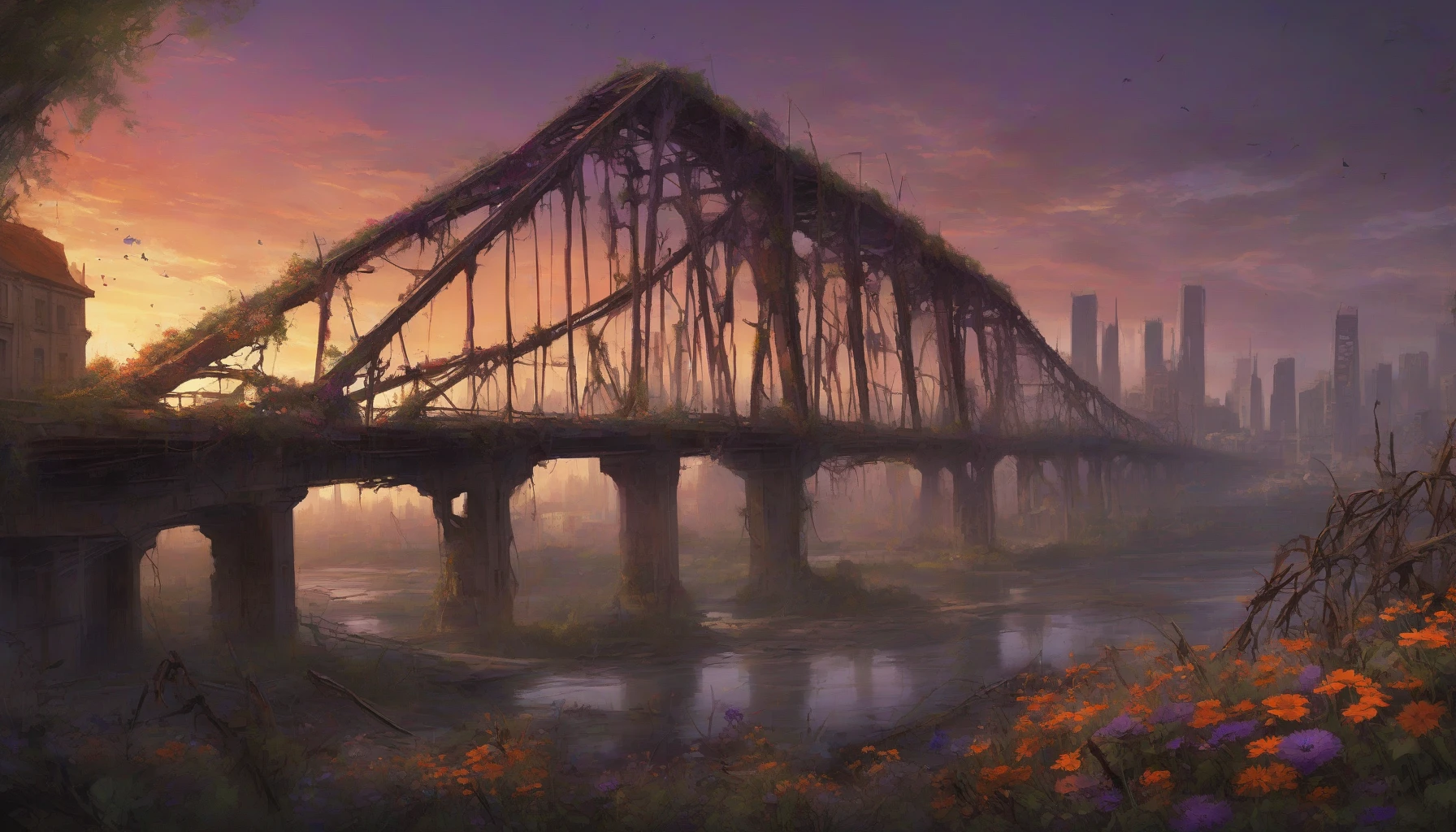 In a post-apocalyptic landscape, a massive, collapsed bridge sprawls across the scene, its rusted beams entwined with creeping vines and wildflowers. Surrounding it, the remnants of a once-thriving city rise from the rubble, their crumbling facades draped in shadows. The sky is painted with hues of orange and purple, reflecting the last light of a dying sun, adding an eerie beauty to this haunting tableau of decay and nature's reclamation.