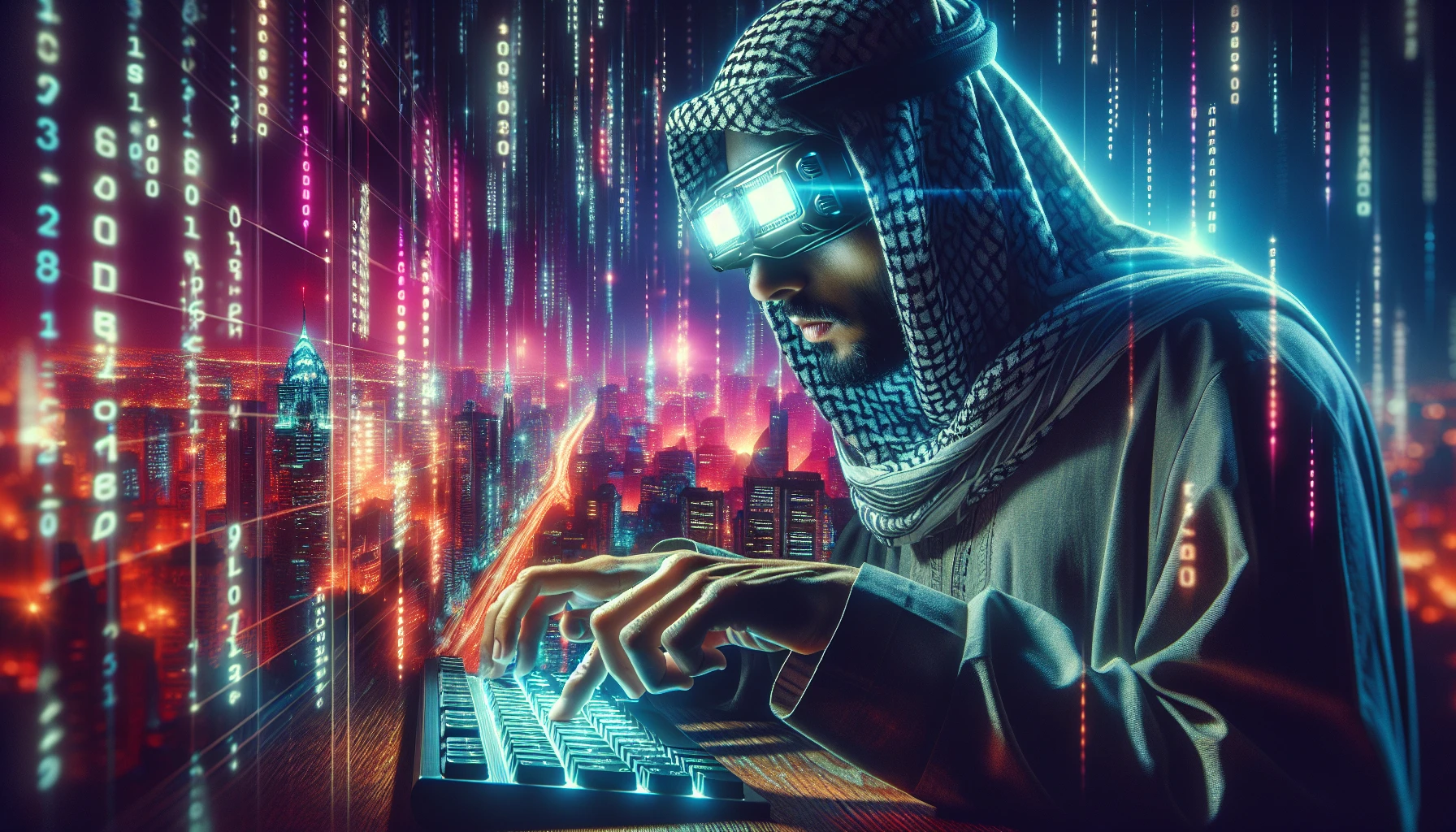 Imagine a sleek cyberpunk hacker, cloaked in shadows, surrounded by a vibrant neon-lit cityscape. Their glowing goggles illuminate a face focused on an intricate keyboard, fingers flying over keys with precision. The air is thick with digital rain, while holographic screens flicker with streams of code. A mix of technology and rebellion, this hacker embodies the spirit of a futuristic virtual world, vibrant and alive with possibilities.