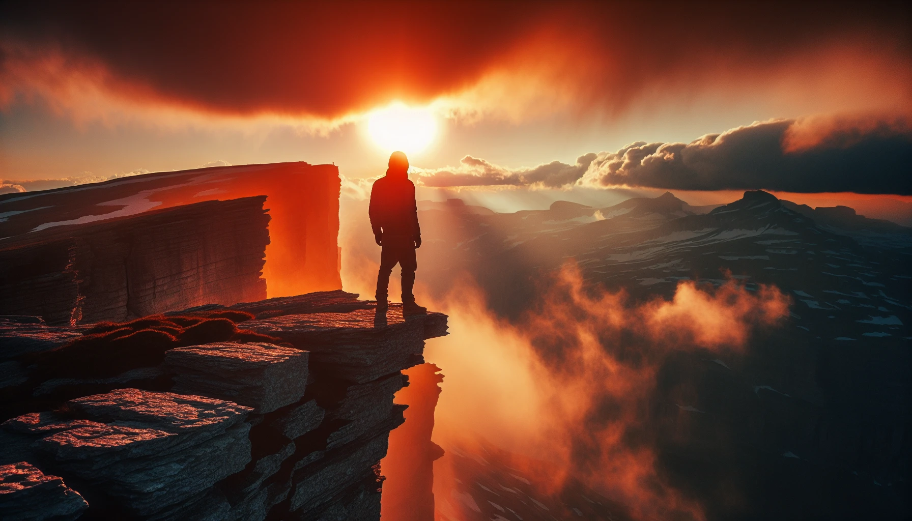 A lone figure stands at the edge of a towering cliff, the sun setting behind them, casting an orange glow across the sky. Their determined gaze pierces through the clouds, reflecting an unwavering resolve to face the daunting mountain before them. Wind tousles their hair, while the rugged terrain below hints at the arduous journey ahead. This moment captures the spirit of courage and relentless pursuit of dreams against all odds.