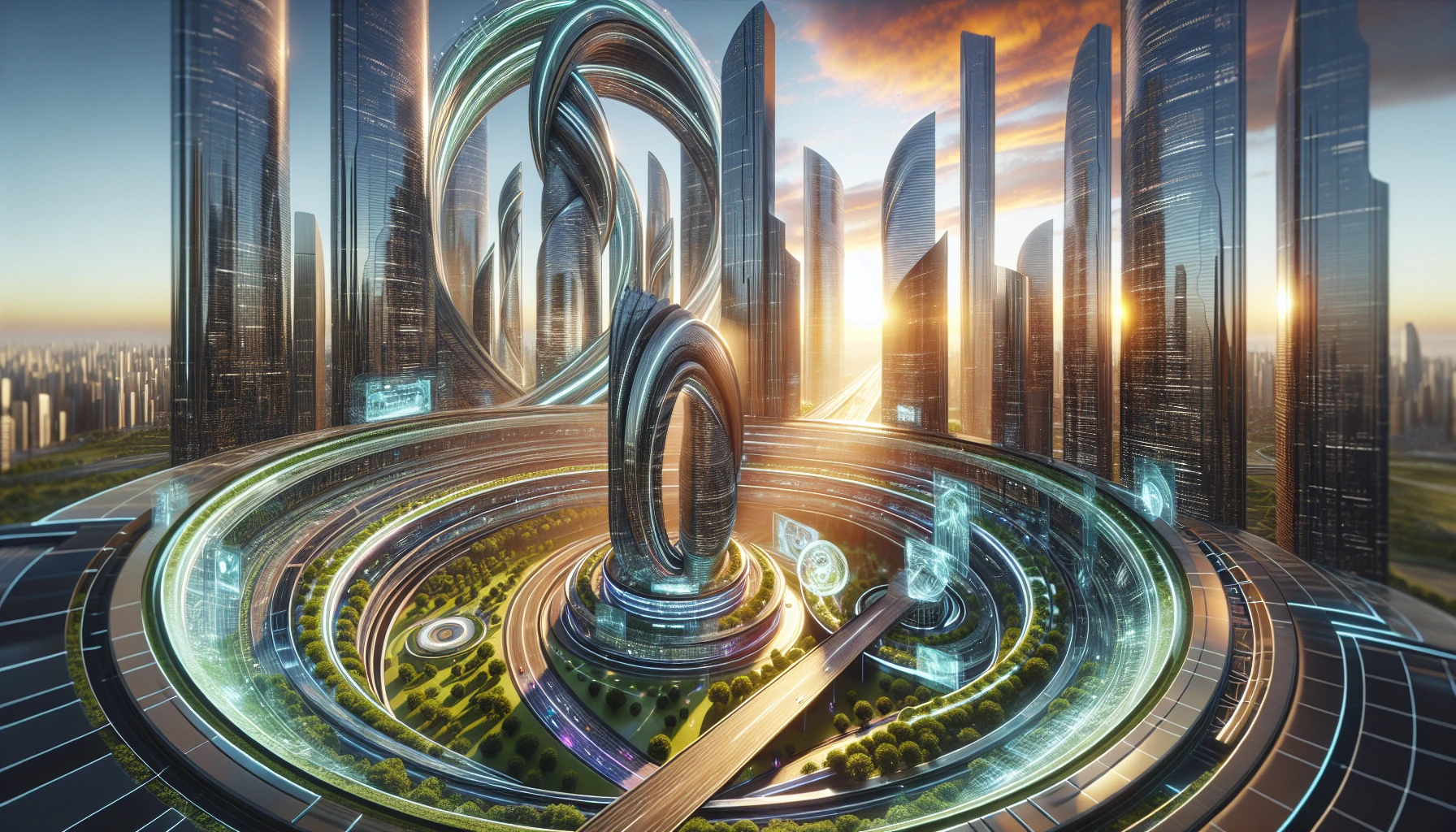 Imagine a vibrant cityscape where towering skyscrapers twist and turn, their sleek surfaces reflecting the hues of a dazzling sunset. Intersecting pathways and lush greenery intertwine with innovative architecture, creating a harmonious blend of nature and technology. The scene is alive with holographic displays and floating vehicles, encapsulating a futuristic utopia. Every detail invites viewers to explore this mesmerizing world of 3D design, where imagination knows no bounds.