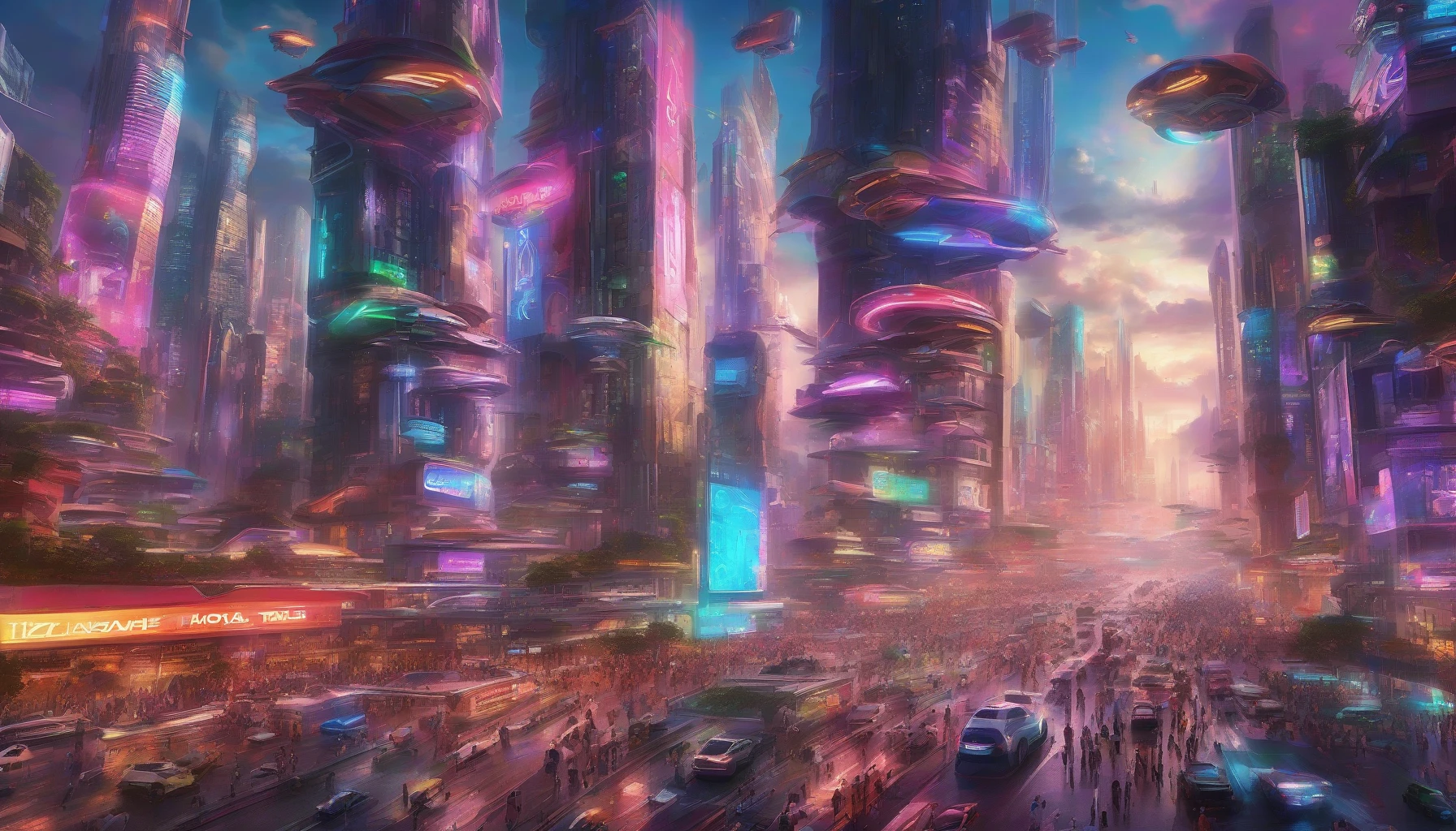 Imagine a vibrant futuristic cityscape bathed in neon lights, where sleek skyscrapers pierce the clouds. The scene is alive with flying cars zipping through the sky, leaving trails of luminescent colors behind them. Below, bustling streets are filled with people and holographic advertisements, creating a dynamic blend of technology and life. The atmosphere buzzes with energy, showcasing a dazzling vision of tomorrow’s urban landscape.