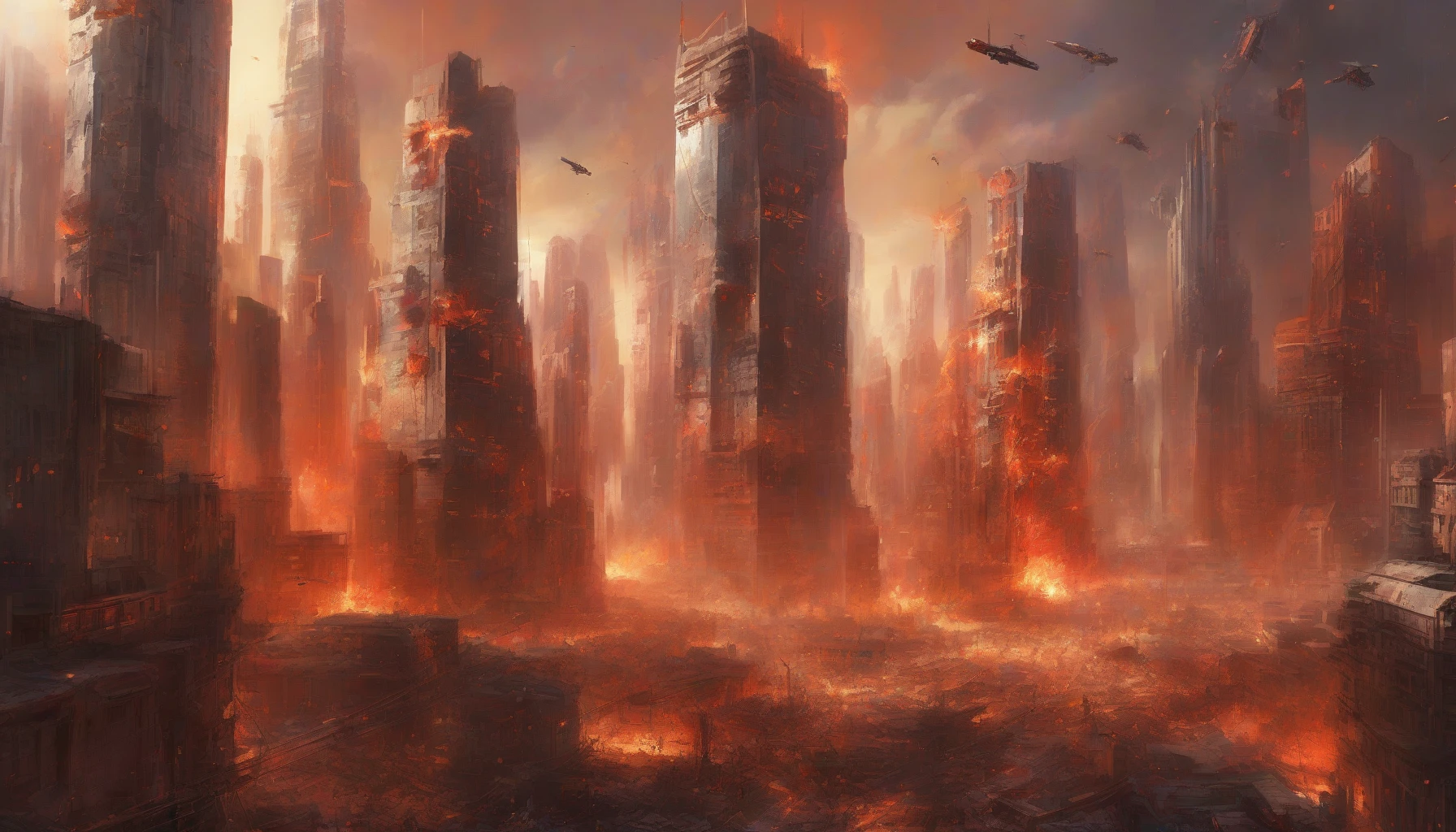 In a desolate, war-torn city, two rival factions collide in a breathtaking showdown. Towering skyscrapers loom overhead, crumbling under the weight of destruction, while the sky is painted with fiery hues of orange and red. Warriors clad in intricate armor wield futuristic weapons, their fierce expressions reflecting the chaos around them. Sparks fly and debris dances in the air as they fight for supremacy, embodying the clash of ideals in this epic battle.