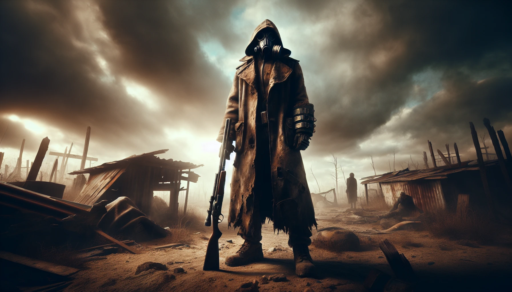 A lone figure stands resilient in a desolate landscape, clad in tattered clothing that tells a story of hardship. In their hands, a weathered rifle rests, a symbol of strength and survival. The backdrop features crumbling buildings and an overcast sky, casting a somber light on the scene. Scattered debris and distant shadows hint at unseen dangers, emphasizing the harsh reality of life in this post-apocalyptic world.