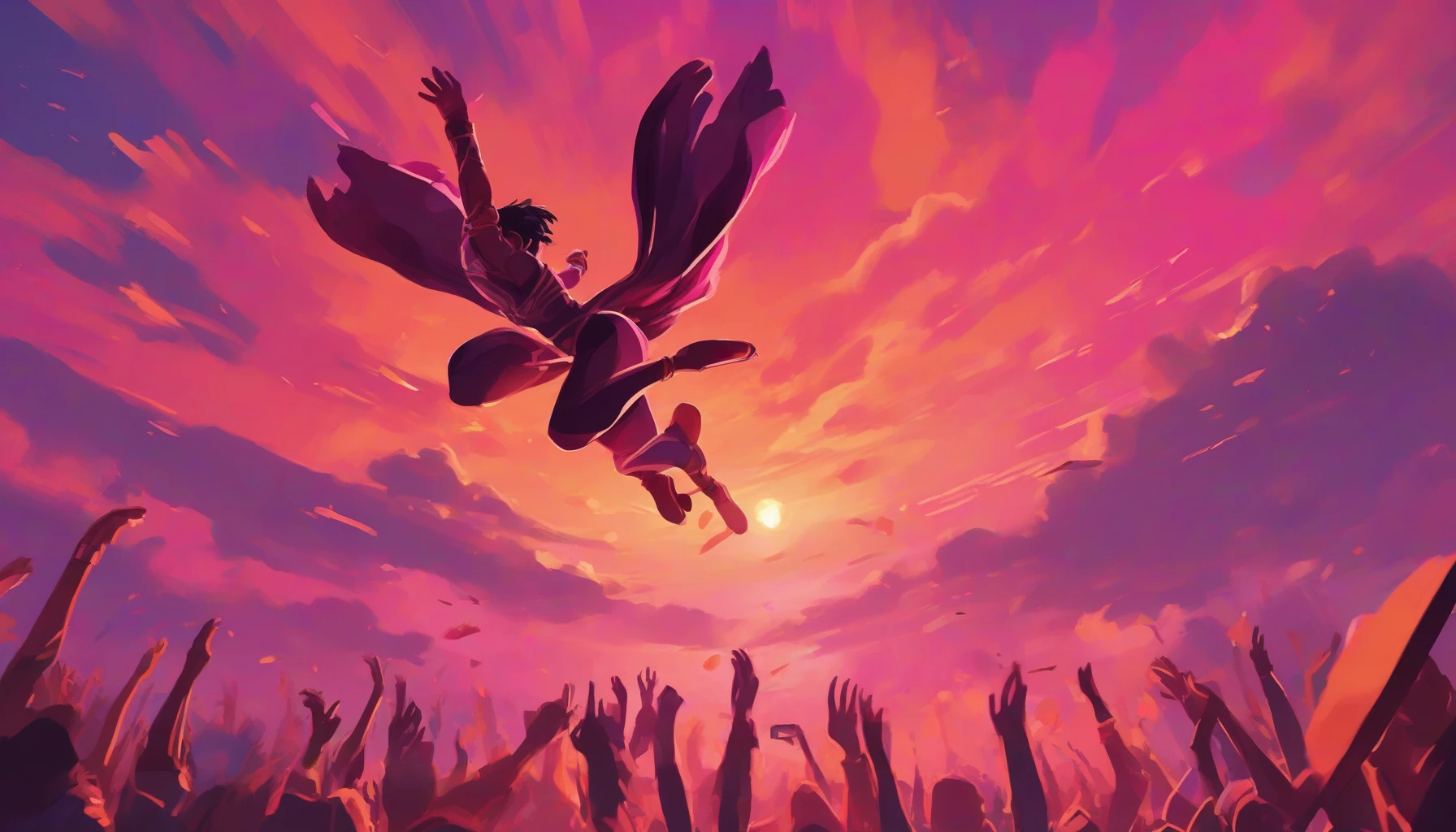 Capture the moment of an agile character soaring through the air, performing a breathtaking acrobatic flip. The scene is dynamic, with a vibrant sunset casting streaks of orange and pink across the sky. Below, a cheering crowd is silhouetted against the fading light, their faces filled with awe. The character's outfit is colorful and flowing, accentuating the grace and skill of this incredible aerial maneuver.