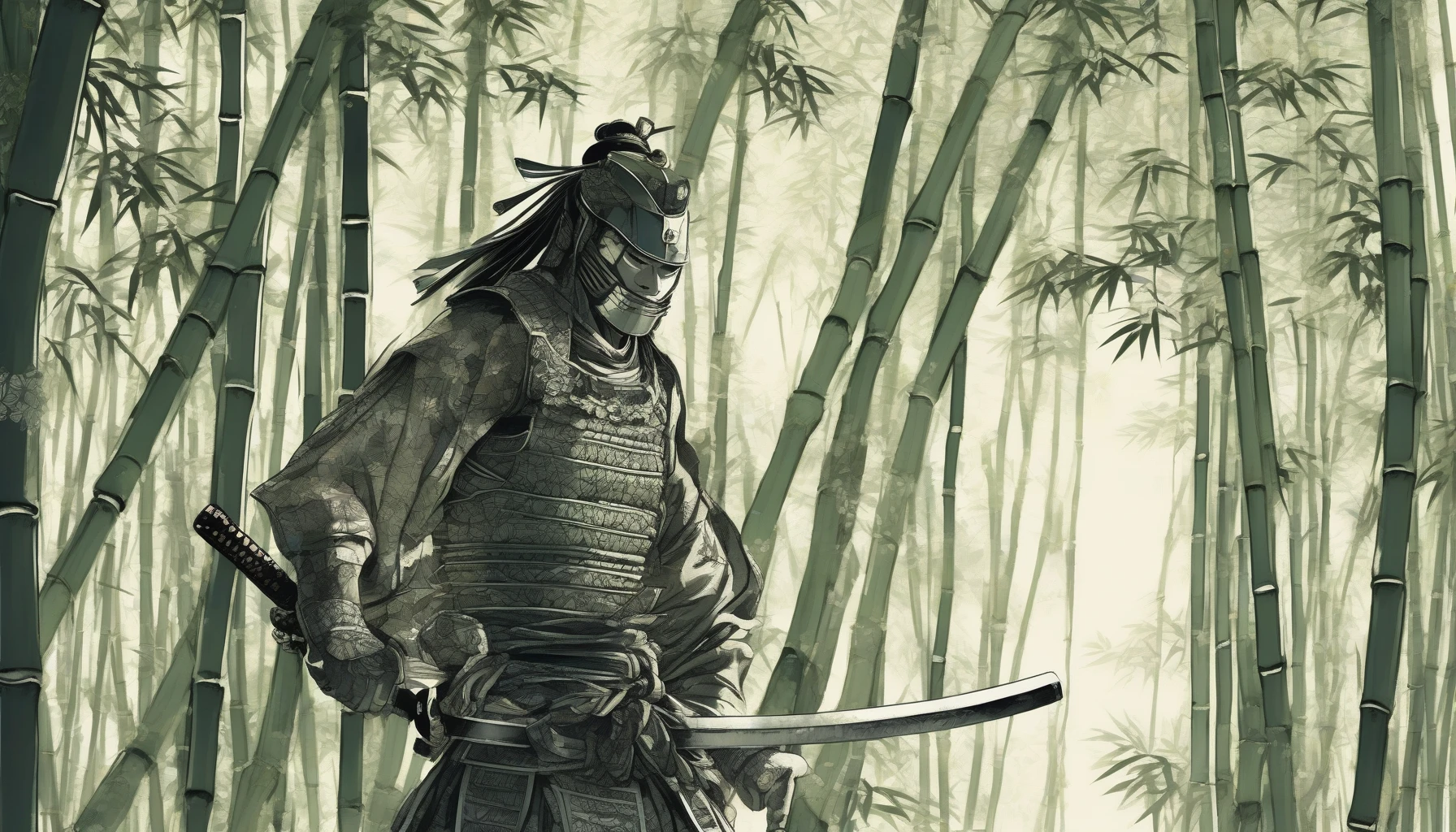 In a tranquil bamboo forest, a lone samurai stands poised, embodying honor and strength. Clad in traditional armor adorned with intricate patterns, he grips his katana, reflecting the dappled sunlight filtering through the towering stalks. The air is thick with the scent of earth and greenery, while gentle breezes rustle the leaves, creating a natural symphony that harmonizes with the samurai's unwavering resolve.