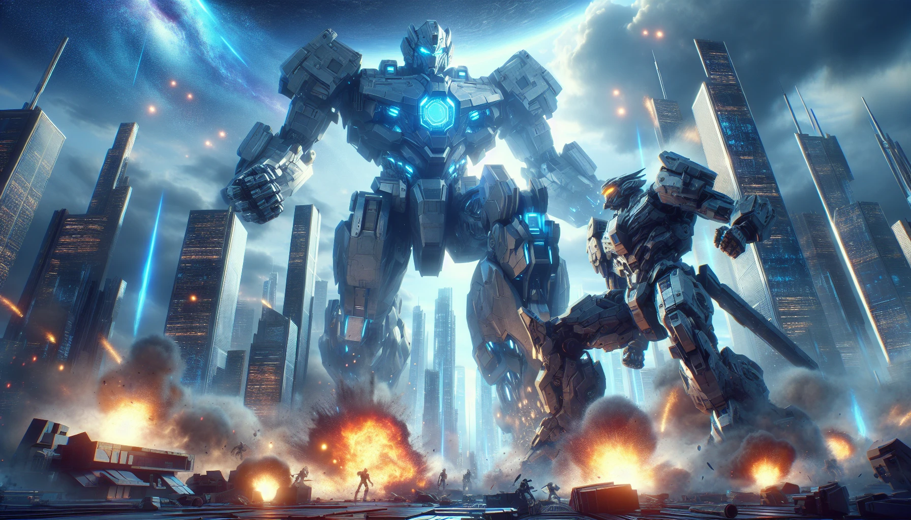 In a futuristic cityscape, two colossal mechs face off amidst crumbling skyscrapers and blazing explosions. One mech, clad in sleek silver armor, unleashes a torrent of plasma blasts, while its rival, a hulking beast of dark steel, retaliates with massive fists and fiery projectiles. The sky is painted with electric sparks, and the ground shakes as the titanic machines engage in a battle that will determine the fate of humanity.