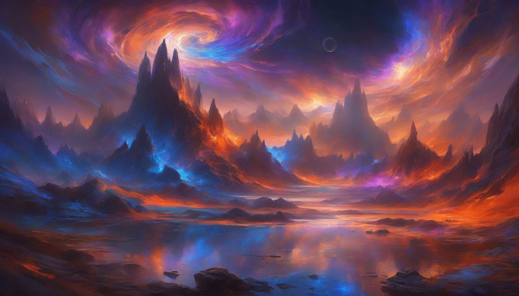 A breathtaking scene unfolds as a vibrant dimensional rift slices through a twilight sky, swirling with hues of electric blue, radiant purple, and fiery orange. Cosmic debris spirals around the rift, illuminating the surrounding clouds with an otherworldly glow. Below, a tranquil landscape of jagged mountains and tranquil lakes reflects the chaotic beauty above, creating a stunning contrast between nature's serenity and the raw energy of the rift.