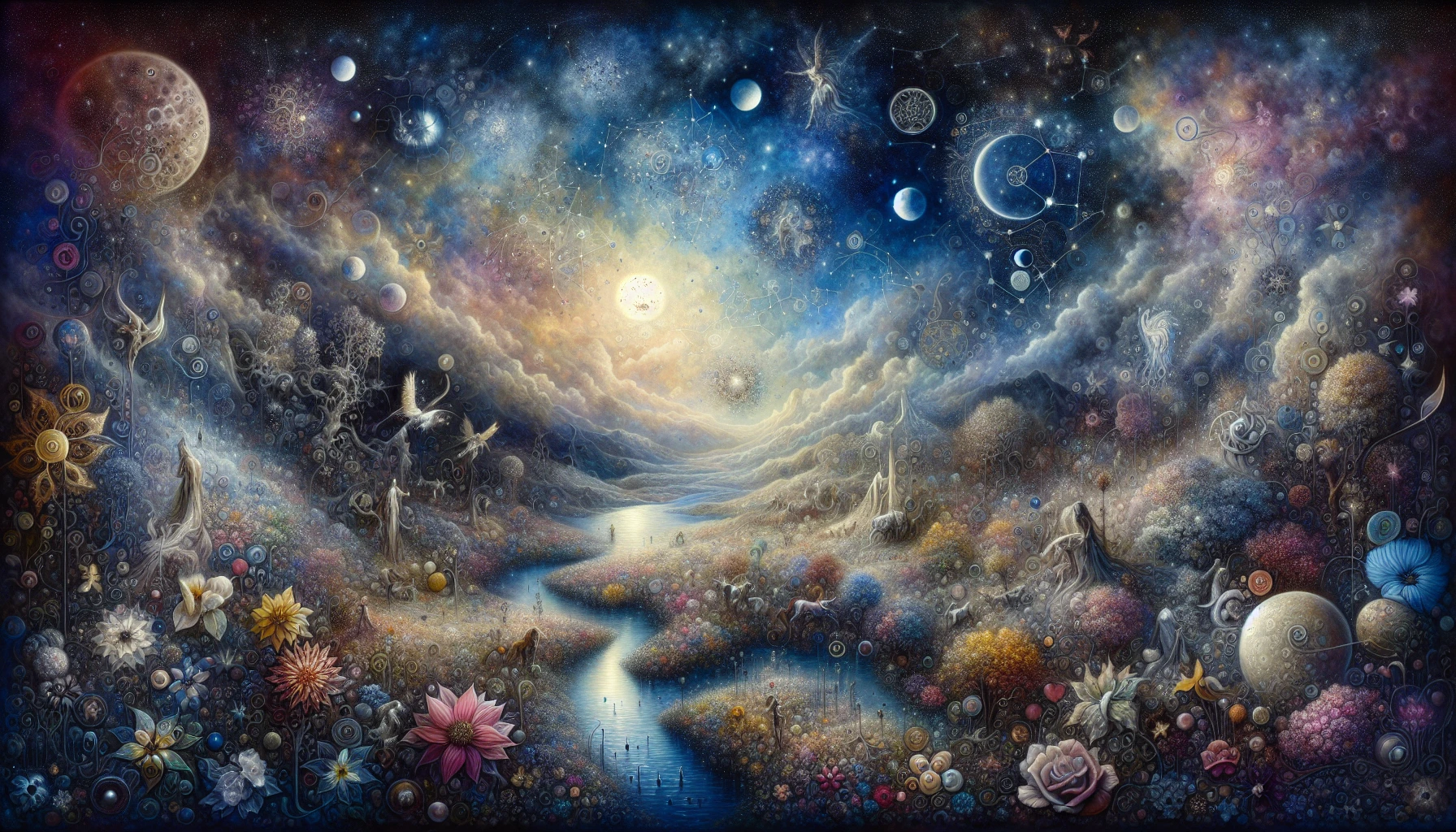 Create an enchanting landscape where symbolism reigns supreme, filled with ethereal and surreal elements. Imagine a vast moonlit sky adorned with intricate constellations that tell stories, while vibrant flowers symbolize hidden emotions. A gentle river flows through, reflecting the stars above, as whimsical creatures embody various archetypes. Each element should evoke curiosity and provoke thought, inviting viewers into a dreamlike exploration of life's deeper meanings.