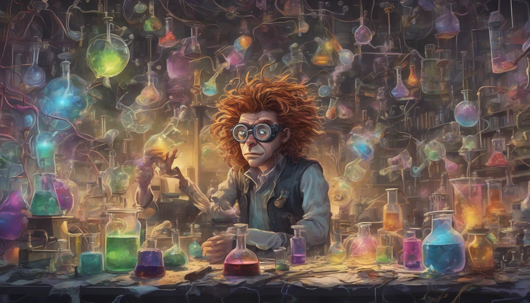 Picture a wild-haired genius, goggles perched atop an unruly mane, immersed in a chaotic laboratory. Papers and beakers are scattered about, vibrant chemicals bubbling and glowing in the dim light. The scientist’s eyes sparkle with a mix of madness and brilliance as they orchestrate a fantastical experiment, surrounded by strange inventions and whirling gadgets, embodying the chaotic spirit of scientific discovery.