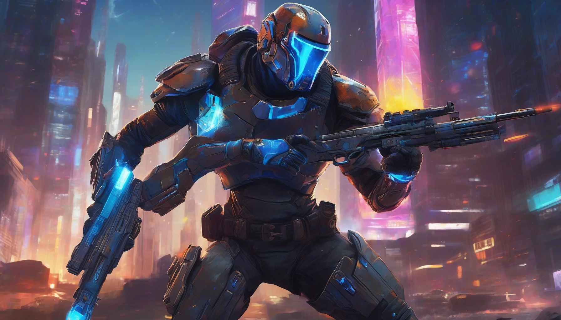 A striking scene featuring a futuristic bounty hunter, clad in sleek armor with neon accents, charging through a desolate urban landscape. In their hands, a high-tech plasma rifle emits vibrant blue energy, illuminating the shadows around them. The backdrop reveals towering, crumbling skyscrapers under a starry sky, while sparks fly from the rifle, hinting at a fierce battle just moments ago.