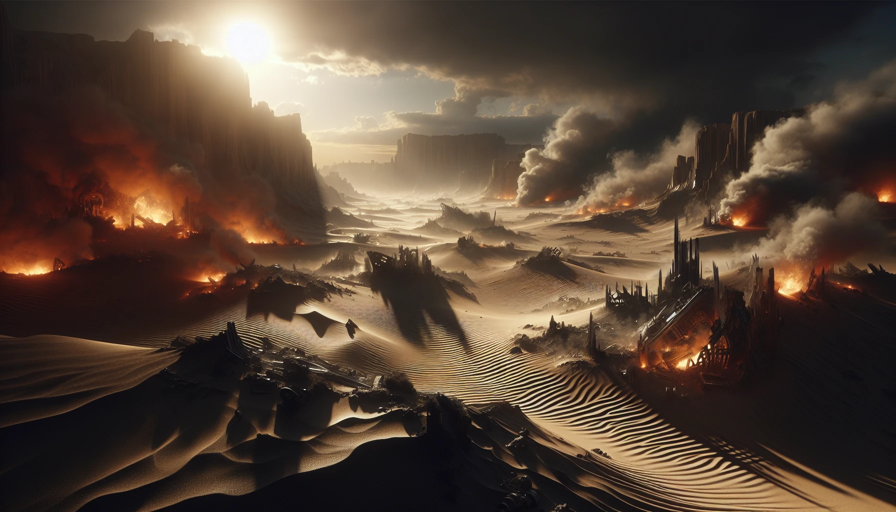 Picture a vast, desolate desert under a blistering sun, where the ground is scorched and cracked. Amidst the sand dunes lie the remnants of battle: twisted metal and charred wreckage, casting eerie shadows. Billowing smoke rises from the ruins, mingling with the orange glow of distant fires. The air is thick with tension, and the haunting silence is pierced only by the crackle of flames, evoking a sense of stark beauty amid chaos.