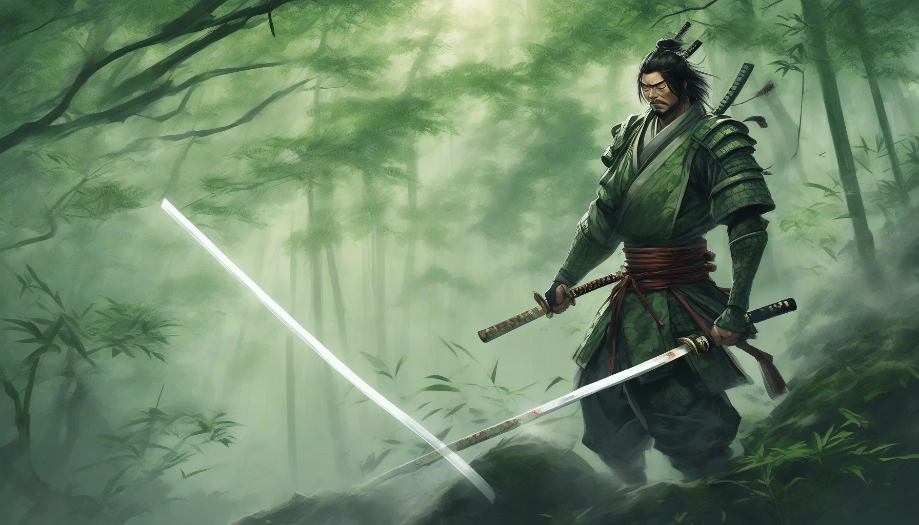 In a tranquil bamboo forest, the air is thick with mystique as a lone samurai stands poised, his ornate armor reflecting the dappled sunlight filtering through the dense green canopy above. Wisps of mist curl around the tall, slender stalks, adding an ethereal quality to the scene. The samurai grips his katana, its blade gleaming, ready to defend his honor against unseen foes in this serene yet powerful setting.