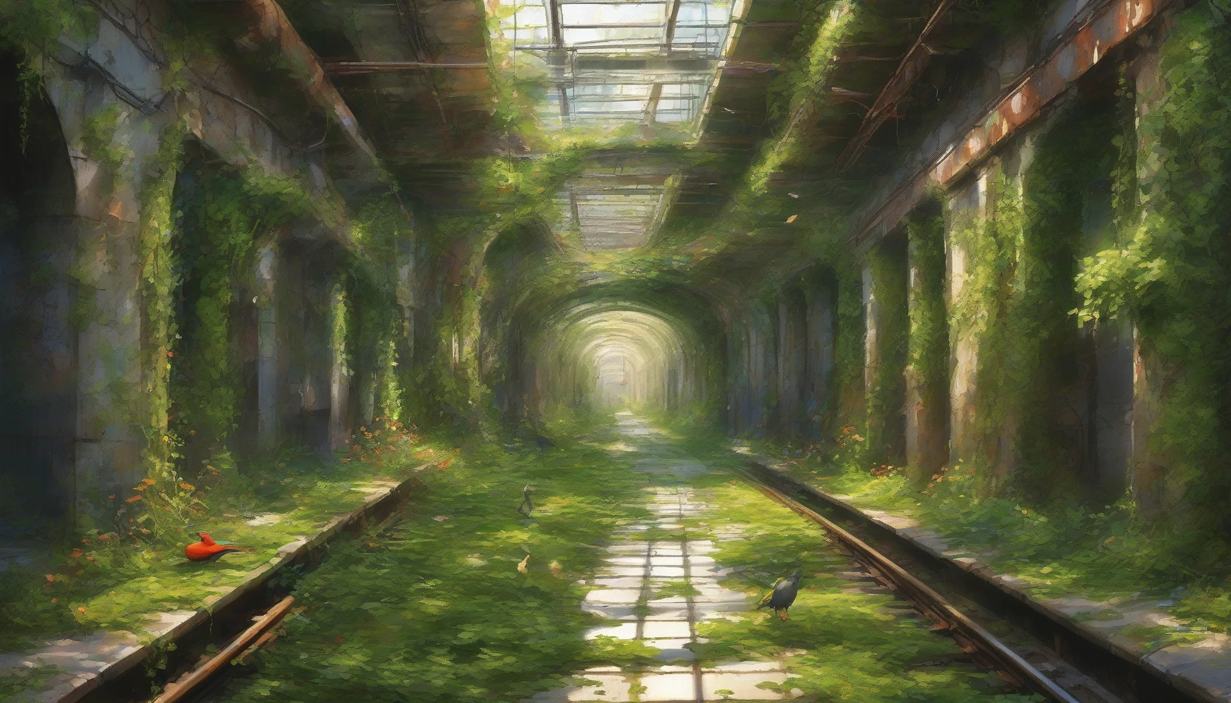 A hidden subway tunnel, long forgotten by city life, is now a vibrant ecosystem. Vines cascade from rusting metal beams, while sunlight filters through cracked tiles, creating a magical interplay of light and shadow. Colorful birds flit among the greenery, and small mammals scurry along the moss-covered tracks. The air is rich with the scent of earth and blooming flora, transforming decay into a stunning sanctuary.