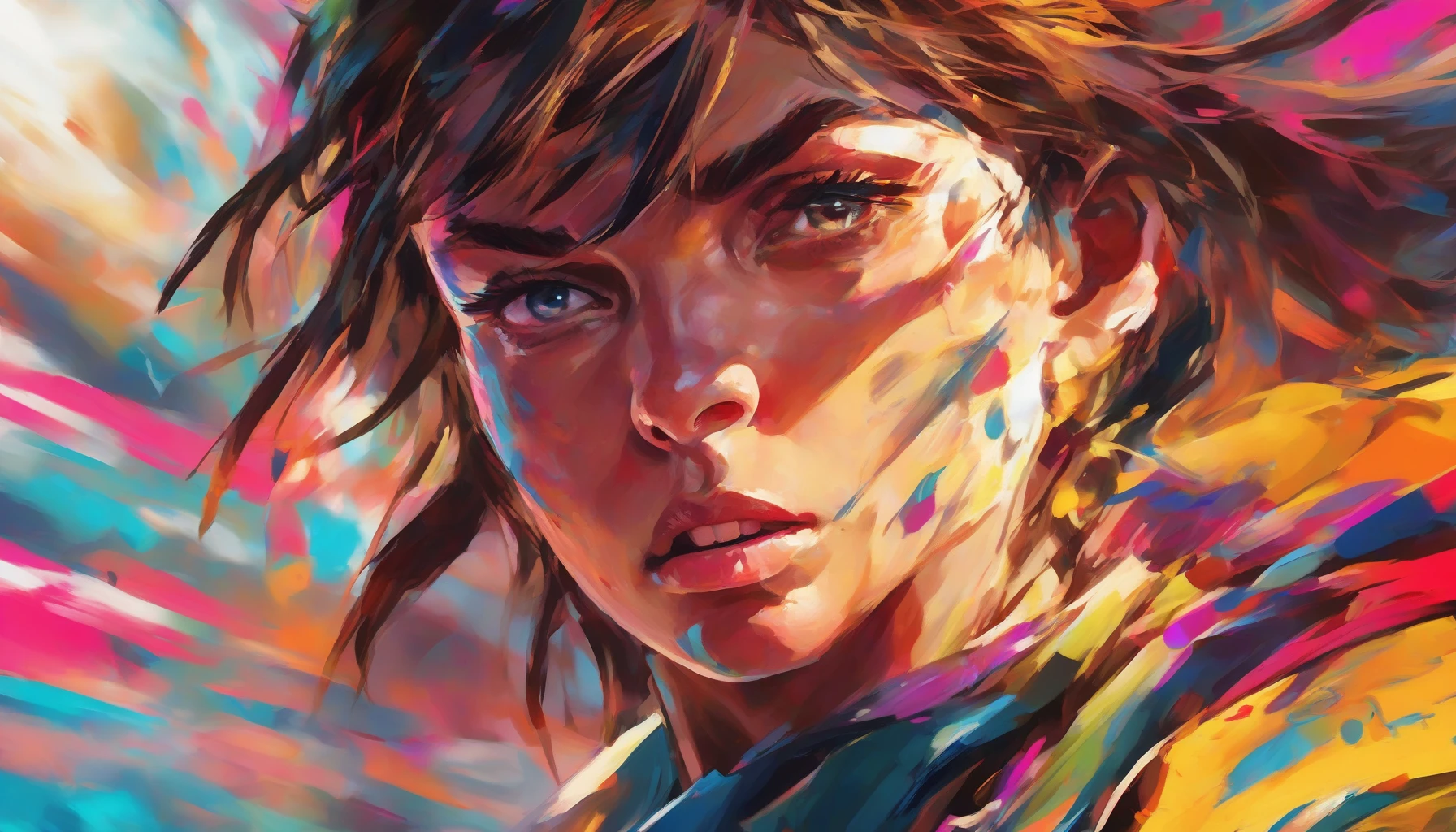 A close-up of a fierce-eyed athlete, sweat glistening on their brow as they prepare to confront an impossible challenge. The background blurs into a whirlwind of colors, symbolizing the chaos of the moment, while their determined expression radiates strength and focus. The sunlight casts dramatic shadows, accentuating the contours of their face, embodying resilience and the unwavering spirit to overcome any obstacle.