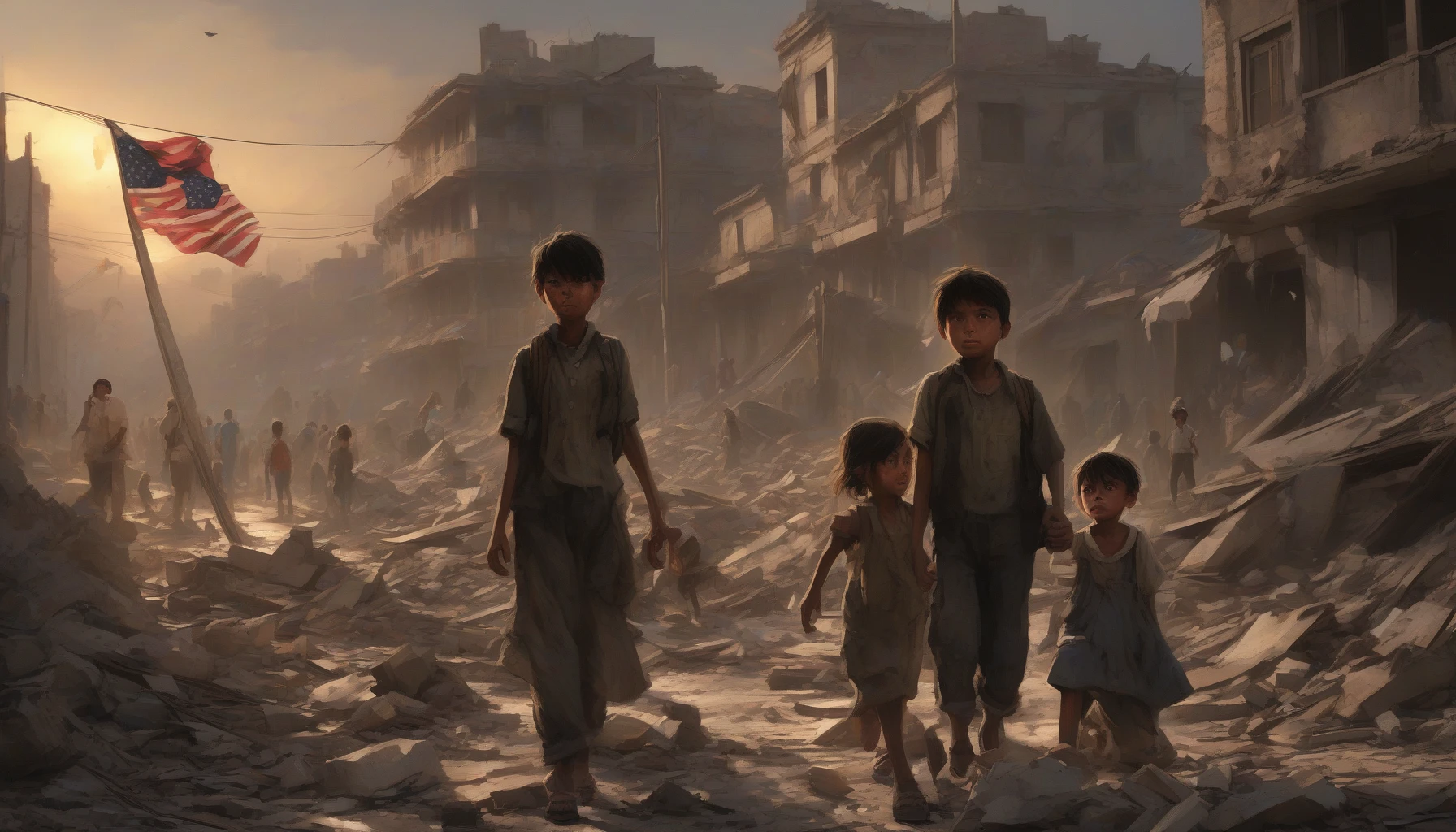 A poignant scene unfolds in a devastated city, where weary civilians escape chaos, their faces etched with a blend of despair and determination. Children cling to their parents, eyes wide with uncertainty, while a tattered flag flutters in the background, symbolizing resilience. Rubble-strewn streets are illuminated by a dim sunset, casting long shadows that reflect the struggle for survival and hope for a better tomorrow.