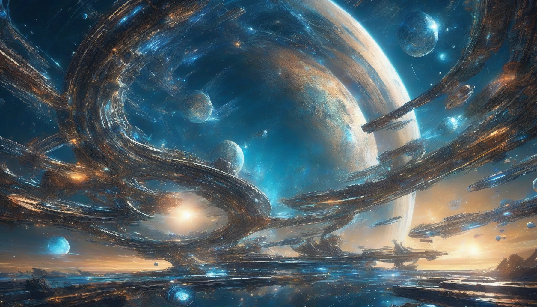 Picture a futuristic space station gracefully hovering above a vibrant blue planet, its intricate structures casting soft reflections on the oceanic surface below. Shimmering lights pulse rhythmically against the backdrop of distant stars, while asteroid belts encircle the scene, adding a sense of motion and depth. The planet's swirling clouds create an ethereal atmosphere, inviting viewers to ponder the wonders of the universe and humanity’s role within it.