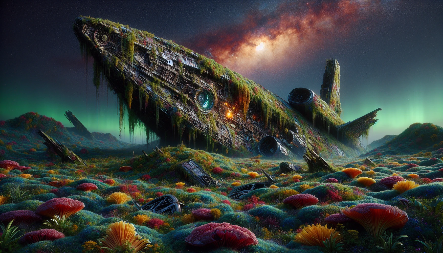 An enormous, rusted starship lies half-buried in vibrant alien flora, its once-glorious hull covered in a tapestry of moss and luminescent fungi. Jagged pieces of metal jut out from the overgrown landscape, while ethereal lights flicker from within the ship's shattered windows, hinting at the mysteries it holds. A distant nebula glows in the twilight sky, casting an otherworldly glow over this forgotten relic of space exploration.