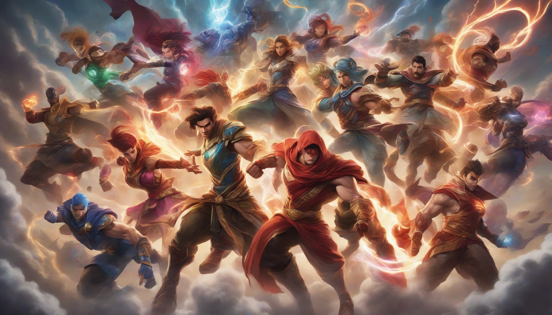 The image captures a diverse team of heroes, each with unique powers and striking costumes, standing confidently in dynamic battle poses. Their expressions convey determination and camaraderie against a dramatic backdrop of swirling clouds and flashes of energy. Each hero's signature abilities shimmer around them, creating a vibrant aura of light, while the looming threat in the distance adds urgency to their united front, symbolizing hope and resilience.