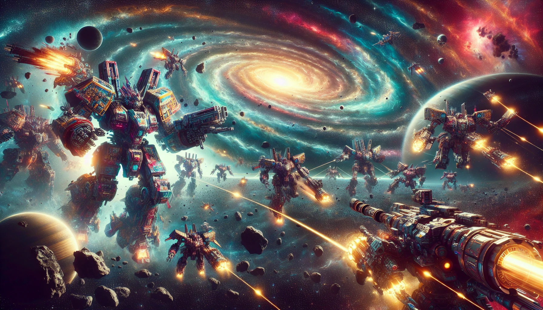 In a breathtaking expanse of outer space, colossal mechs engage in an epic battle amidst a swirling nebula. Each mecha, adorned with vibrant colors and intricate designs, showcases unique weaponry while their pilots maneuver with precision. Bright energy beams shoot across the cosmos, illuminating the dark void, as asteroids drift in the background. The tension is palpable as these warriors fight for supremacy among the stars.