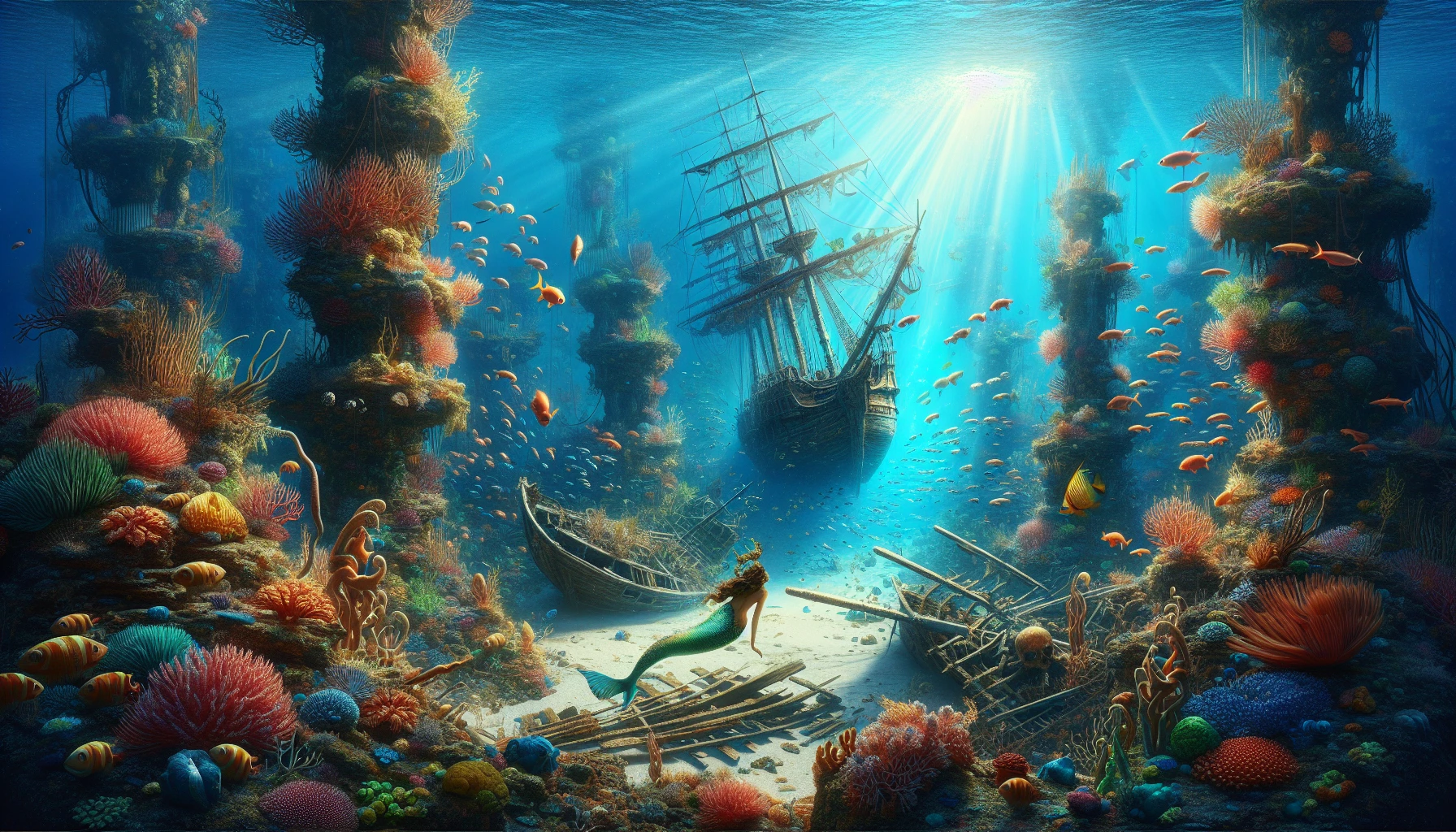 Dive into the enchanting world beneath the waves, where the ocean floor teems with life and forgotten stories. Visualize vibrant coral reefs embracing ancient shipwrecks, their weathered hulls entwined with multi-colored seaweed. Schools of fish dart through shattered windows, while a golden mermaid peeks curiously from behind a barnacle-covered mast. Soft beams of sunlight filter through the water, illuminating this magical underwater realm of history and wonder.