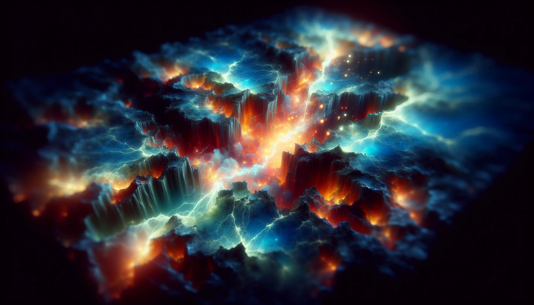 Create an image that depicts a fragmented surface, where deep cracks form intricate patterns revealing a vibrant, pulsating energy beneath. The glowing energy radiates with hues of electric blue and fiery orange, casting an ethereal light that dances across the cracked surface. Shadows play along the edges, enhancing the contrast and depth, while small sparks of energy flicker outward, suggesting a powerful force trapped below.