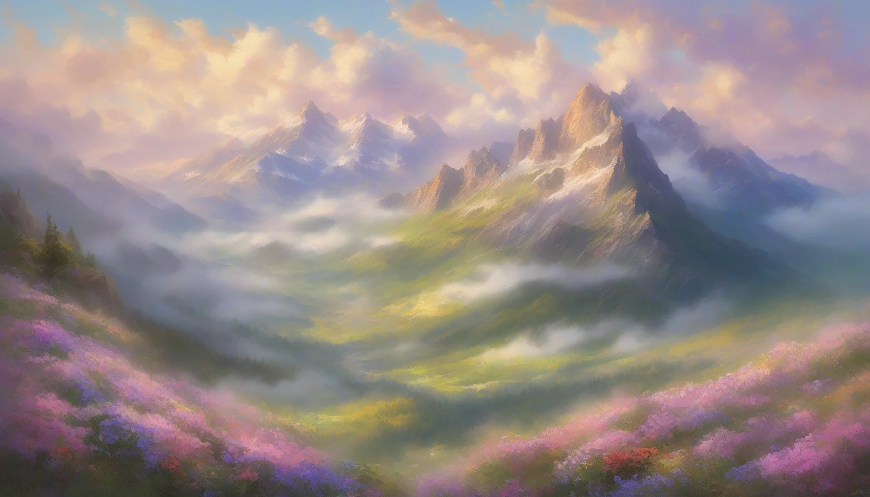 Envision a breathtaking mountain peak piercing through a sea of fluffy clouds, bathed in golden sunlight. The rugged rock faces glisten with morning dew, contrasting against the soft, billowy white clouds that envelop the landscape. Below, a lush green valley stretches out, dotted with colorful wildflowers. The sky above is painted in pastel hues of pink and lavender, creating a serene and enchanting atmosphere.