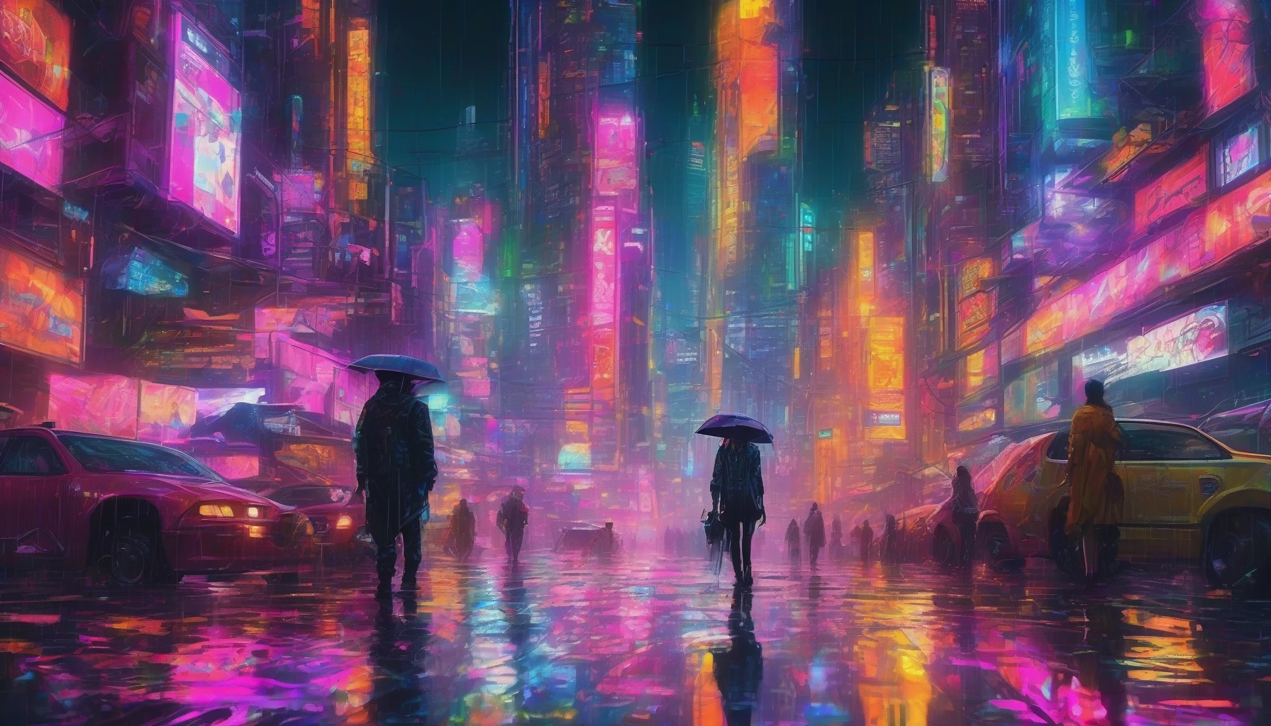 Immerse yourself in a bustling cyberpunk metropolis, alive with vivid neon lights illuminating the rain-soaked streets. Skyscrapers loom above, adorned with holographic advertisements and digital billboards, while people clad in futuristic attire navigate through the vibrant chaos. A kaleidoscope of colors reflects off puddles, creating an otherworldly atmosphere that highlights the fusion of technology and urban life, inviting viewers to explore this electrifying future.