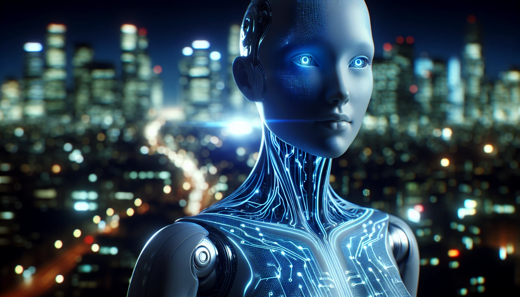 Envision a sleek android with striking human-like features, seamlessly blending synthetic skin and intricate circuitry. The figure stands poised against a dark, urban backdrop, with glowing blue circuits illuminating its contours, casting an ethereal glow. Its eyes, reminiscent of deep pools of light, reflect intelligence and emotion. The atmosphere buzzes with technology, creating a captivating blend of humanity and advanced robotics that challenges the boundaries of existence.