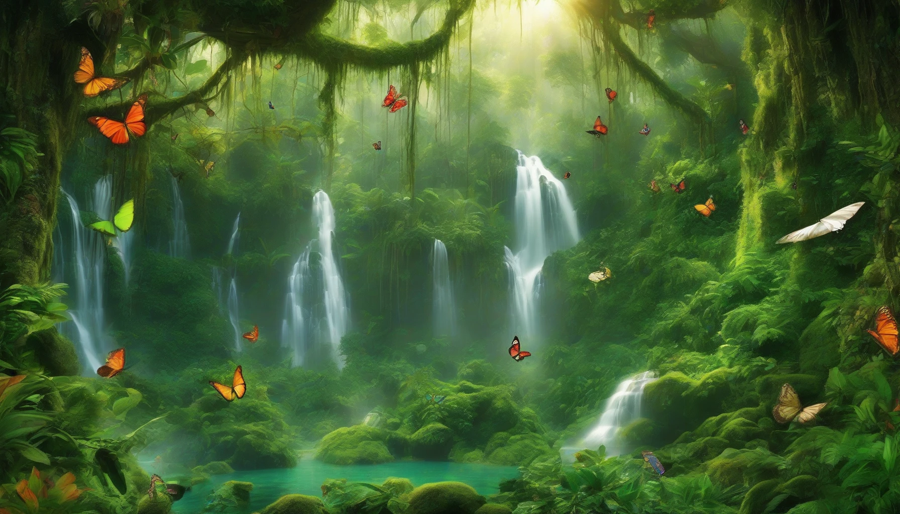 Imagine a lush, vibrant rainforest where towering trees drape with emerald vines, and the air is alive with the sounds of exotic birds. In the heart of this verdant paradise, majestic waterfalls tumble down moss-covered rocks, creating shimmering pools below. Rays of sunlight filter through the dense canopy, casting dappled light on the floor, while colorful butterflies dance through the mist, enhancing the tranquility of this natural oasis.