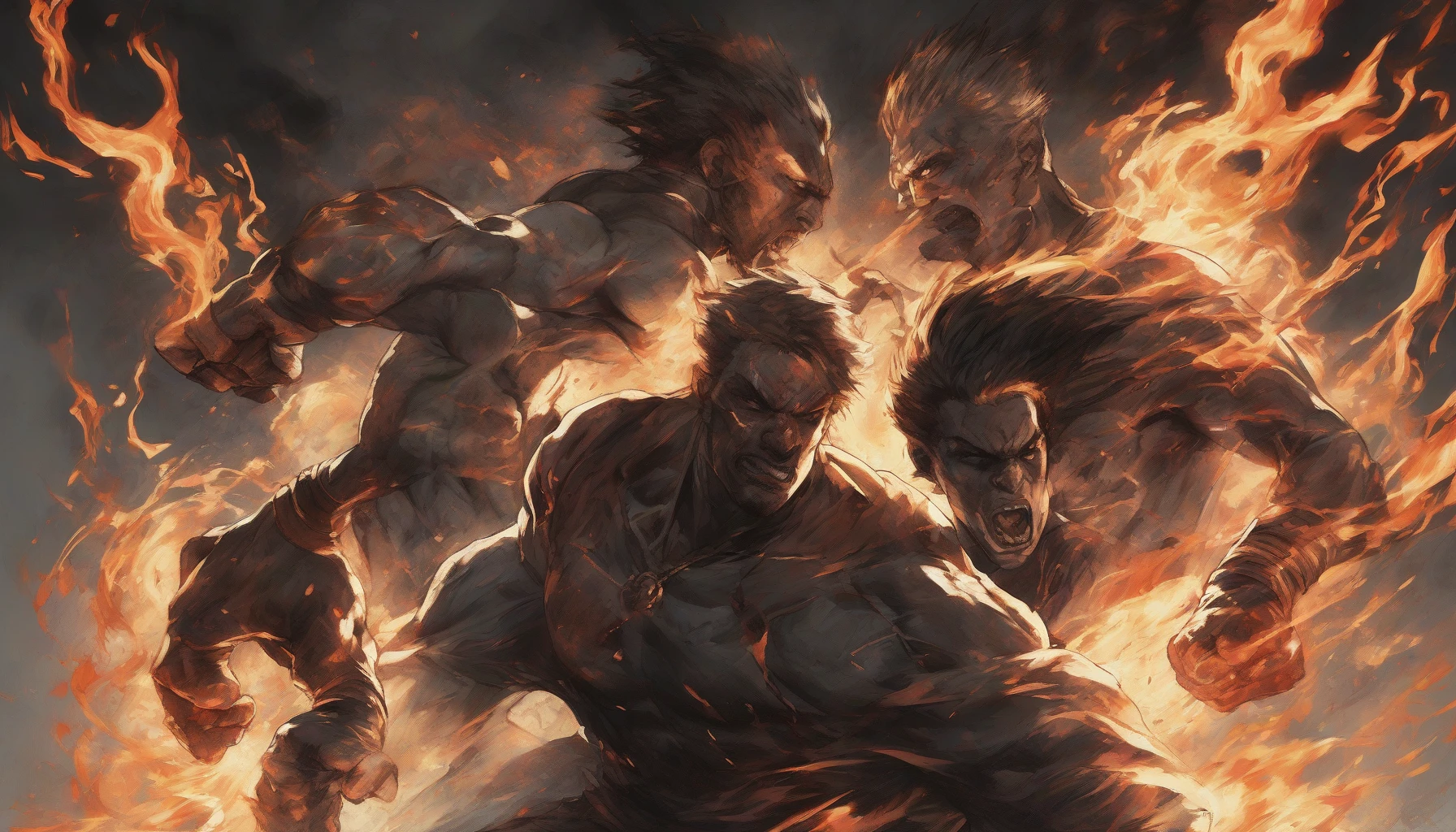 Capture the electric tension of an intense rivalry between two characters, their piercing glares igniting the atmosphere around them. Set against a dramatic, smoky backdrop, their expressions reveal determination and passion, with fiery embers swirling in the air. Each detail, from clenched fists to furrowed brows, amplifies the palpable intensity, inviting viewers to feel the heat of their confrontation and the stakes at hand.