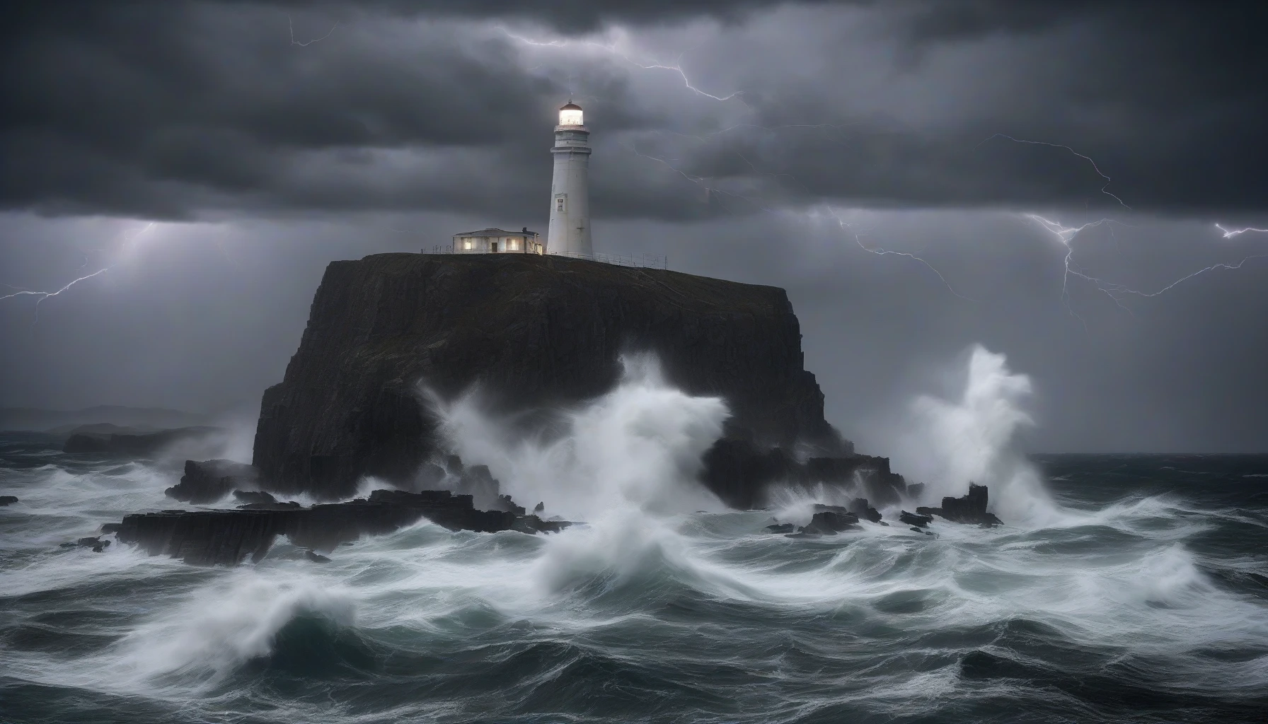A dramatic scene unfolds as towering waves crash against rugged cliffs, their frothy white caps illuminated by flashes of lightning. In the background, a solitary lighthouse stands resilient, its beam cutting through the darkness, offering hope amidst the chaos. The sky roils with ominous clouds, and rain lashes down, creating a sense of both danger and beauty in this stark maritime landscape.