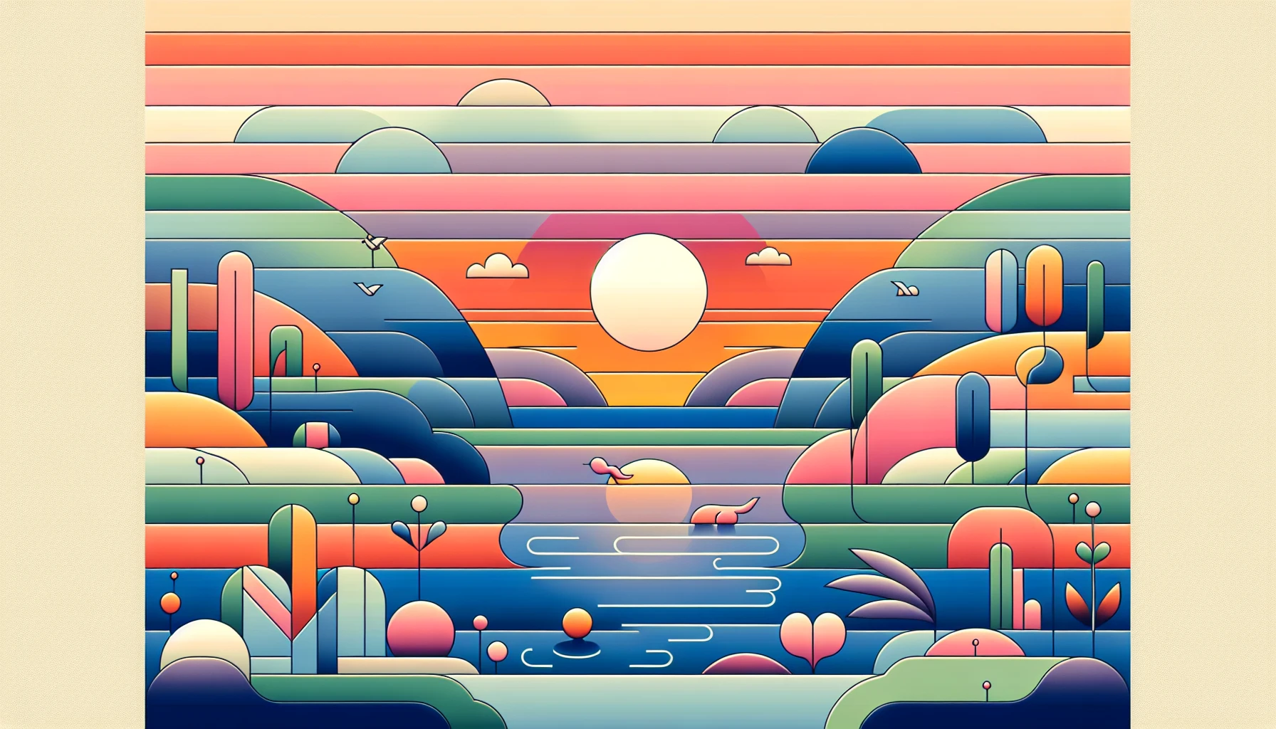 Create an enchanting image that embodies a minimalist anime aesthetic, featuring bold flat colors and clean lines. The focal point should be a serene landscape, populated by whimsical characters and delicate flora. Imagine a tranquil sunset casting soft hues across a tranquil lake, with simple geometric shapes forming rolling hills in the background. The composition should exude harmony and simplicity, inviting the viewer into this captivating world.