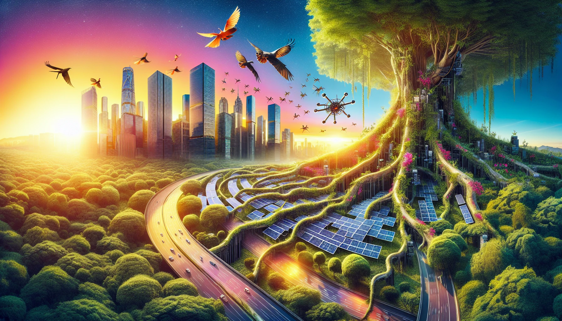 Envision a breathtaking scene where towering skyscrapers entwine with ancient trees, their roots weaving through concrete. A vibrant sunset casts golden hues over solar panels nestled among lush greenery. Birds and drones soar side by side in a sky painted with vivid colors. This image encapsulates the balance between modern technology and the beauty of the natural world, creating a mesmerizing symphony of life and innovation.