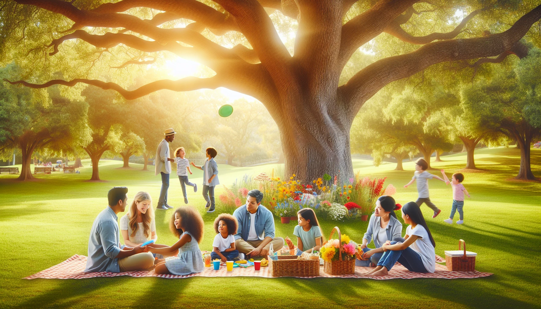 A serene outdoor scene captures a diverse family enjoying a sunny picnic in a lush green park. Children laugh as they play frisbee, while parents share stories under the shade of a grand oak tree. Vibrant flowers bloom around them, and a gentle breeze rustles the leaves, creating an atmosphere of joy and togetherness. This idyllic moment reflects the beauty of family life in perfect harmony with nature.