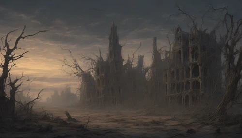 A desolate landscape sprawls beneath a heavy, twilight sky, where the remnants of a once-thriving city stand in ghostly silence. Jagged skeletons of crumbling buildings rise from cracked earth, their skeletal frames entwined with creeping vines. The air is thick with shadows, and the distant howl of the wind whispers secrets of the past, inviting viewers to explore the haunting beauty of decay and abandonment.