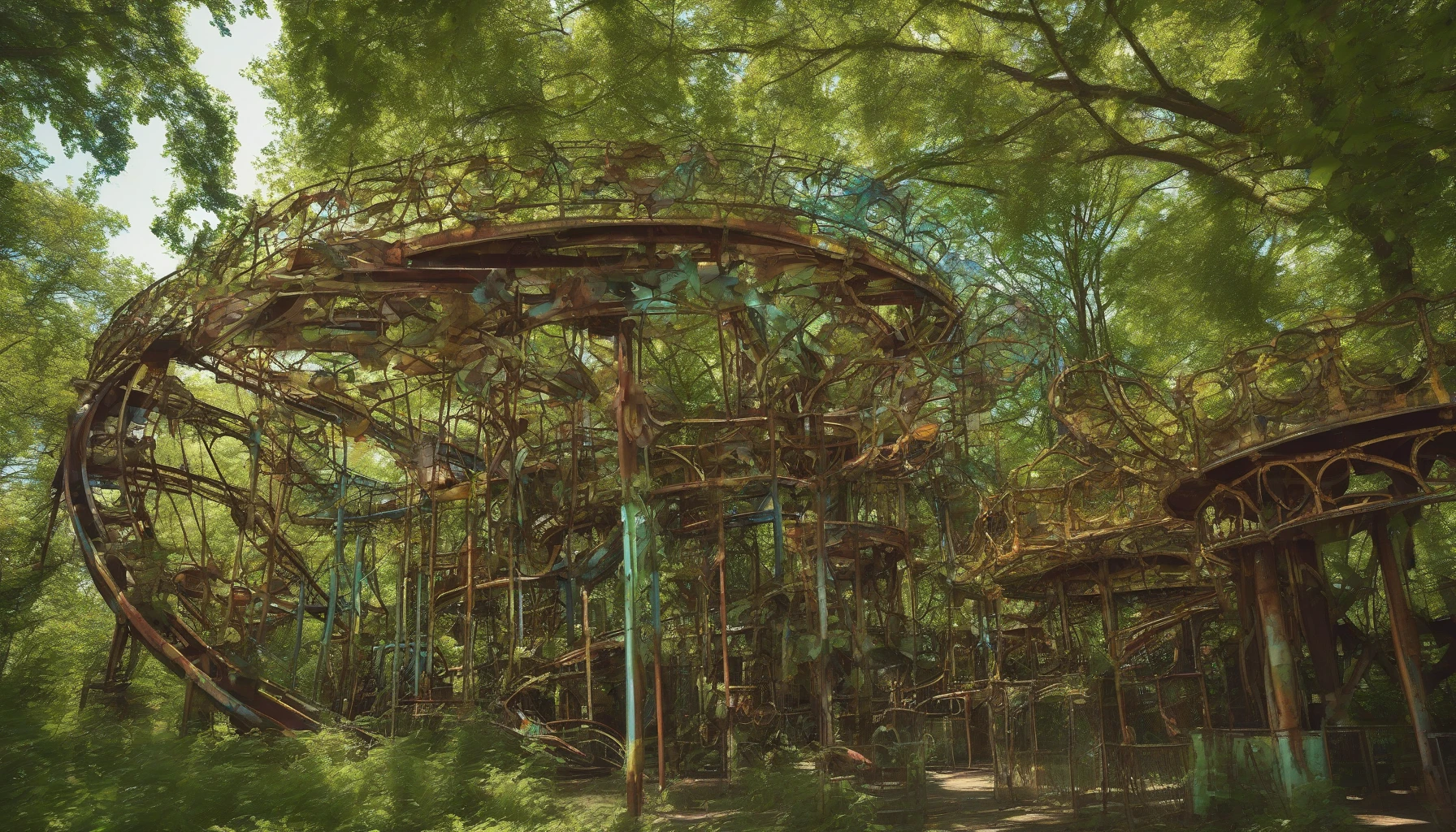 In a once-vibrant amusement park, rusting rides stand forlornly amidst a sea of vibrant green. Overgrown vines entwine the skeletal remains of roller coasters and faded carousels, where wildflowers bloom defiantly through cracked pavement. Sunlight filters through the dense canopy of trees, casting dappled shadows on the forgotten pathways. The air is thick with the scent of earth and decay, creating an eerie yet breathtaking scene of nature reclaiming its territory.