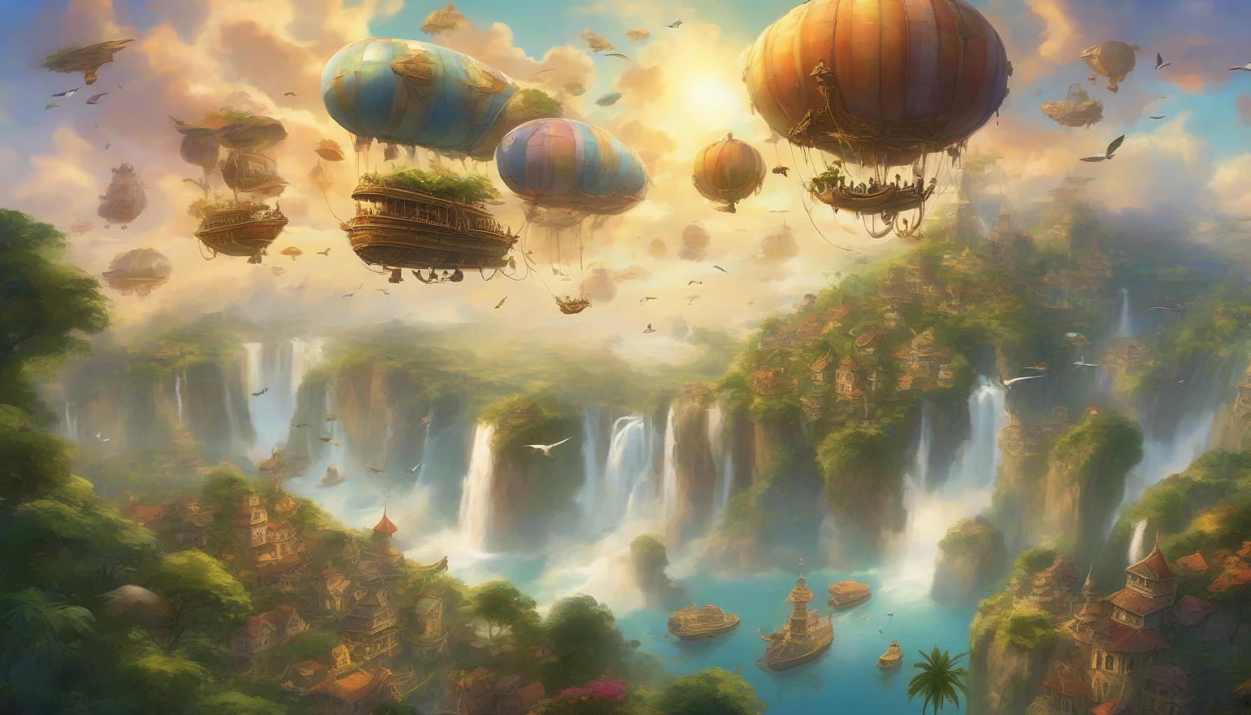 Imagine a breathtaking sky adorned with lush, floating islands teeming with vibrant flora. Majestic airships glide gracefully among the clouds, their sails billowing elegantly in the soft breeze. The sun casts a warm golden hue over the scene, illuminating waterfalls cascading from the islands into the atmosphere below. Birds of various colors flit between the islands, creating a whimsical and serene aerial paradise that sparks the imagination.