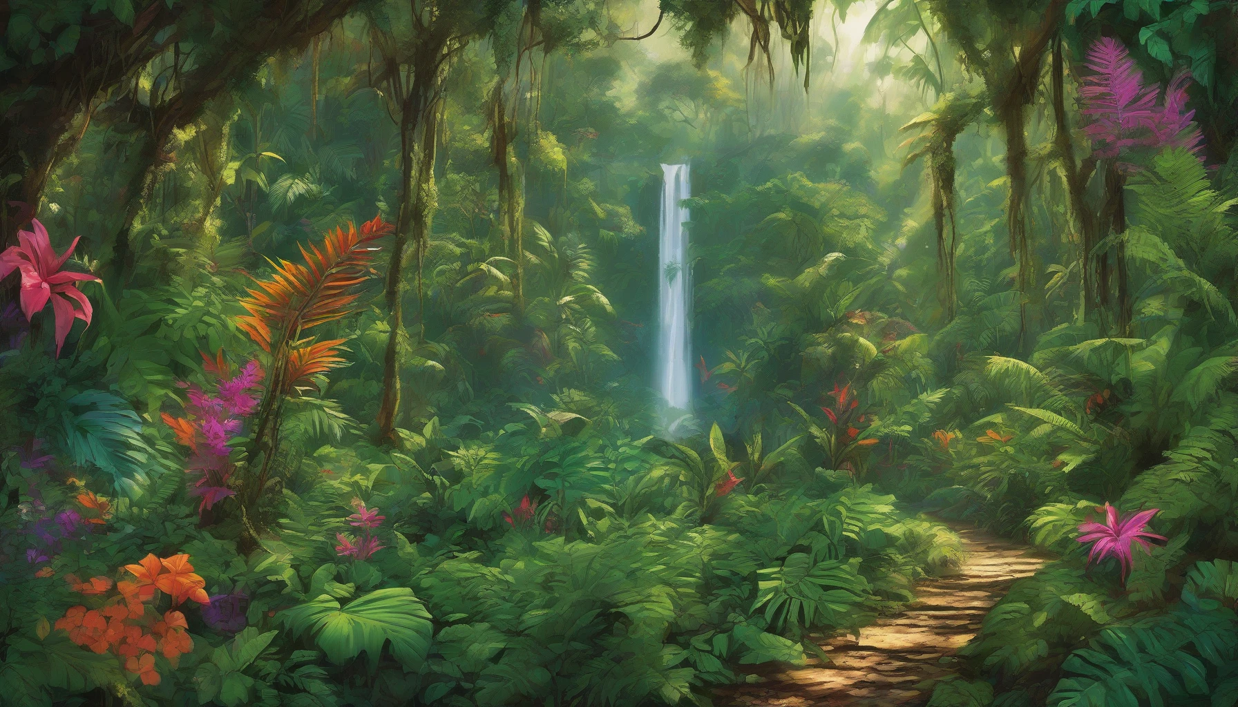 Immerse yourself in a vibrant tropical jungle, where dense foliage creates a lush canopy overhead. Sunlight filters through the emerald leaves, casting intricate patterns on the forest floor. Exotic flowers bloom in bursts of color among towering ferns, while the distant sound of a waterfall adds a serene melody to the atmosphere. A variety of wildlife flutters and rustles within this vibrant ecosystem, inviting exploration and wonder.