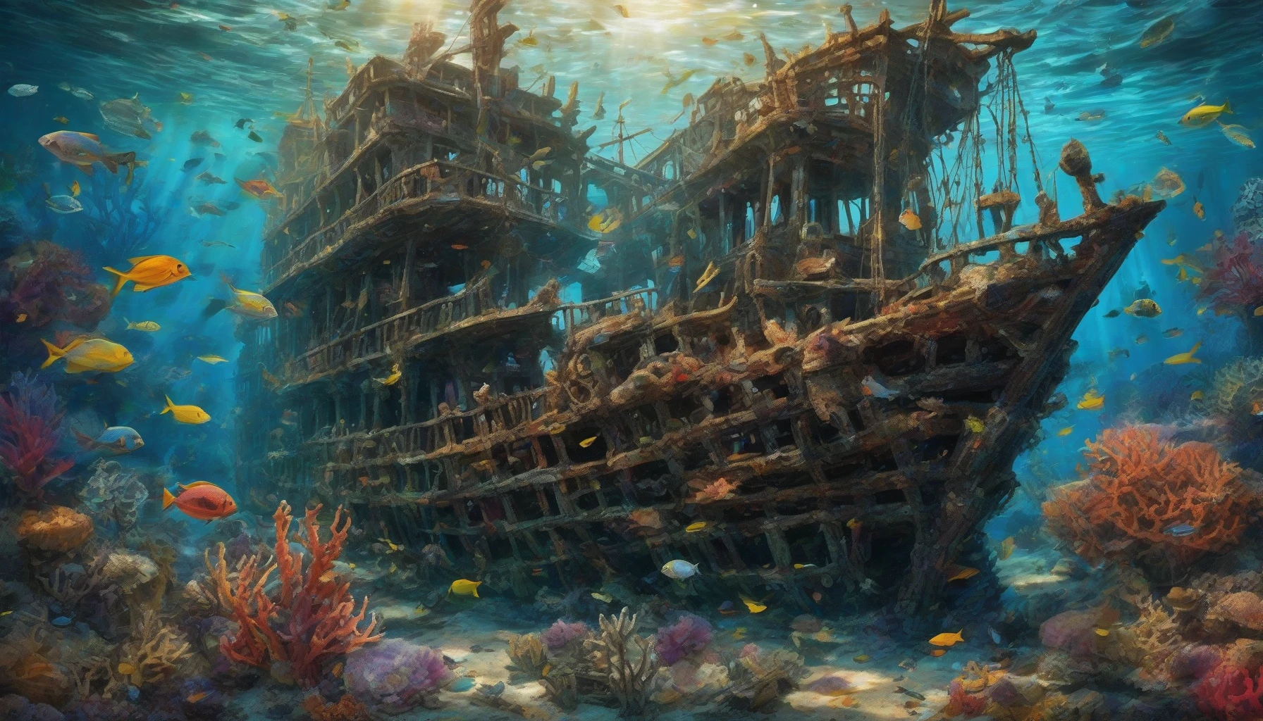Dive into an enchanting underwater scene where the ocean floor is adorned with mysterious ancient shipwrecks, covered in vibrant coral and teeming with exotic marine life. Sunlight filters down through the crystal-clear water, illuminating the haunting silhouettes of lost vessels. Schools of colorful fish weave in and out of twisted metal and shattered wood, creating a mesmerizing tableau of history and nature intertwined in a breathtaking aquatic world.