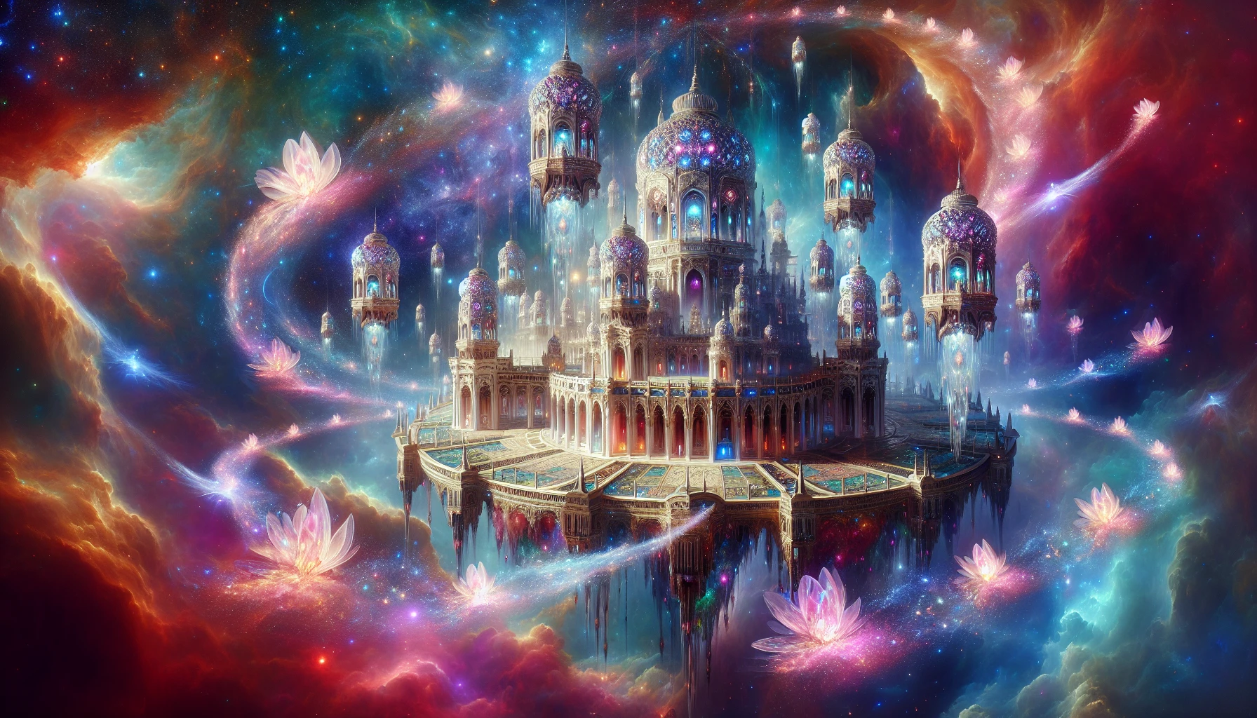 Envision a majestic palace floating amidst a vibrant nebula, its towers spiraling skyward, adorned with shimmering jewels that reflect cosmic light. Ethereal curtains of stardust cascade from the grand arches, while luminescent flora blooms in the surrounding galactic gardens. Celestial beings, draped in iridescent robes, mingle beneath a canopy of swirling galaxies, creating a breathtaking atmosphere of otherworldly elegance and cosmic grandeur.