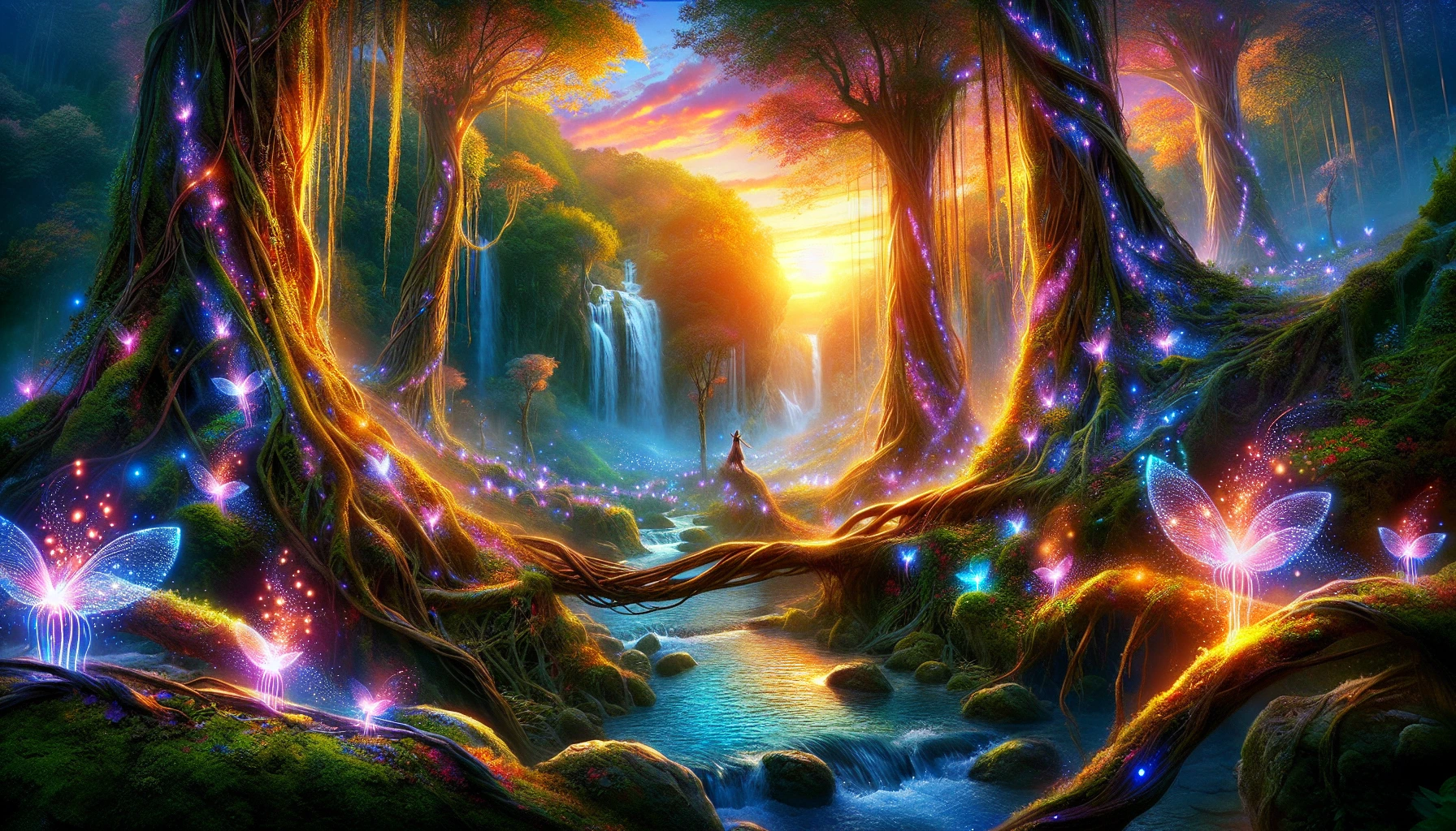 Immerse yourself in a magical realm where sunlight filters through towering, ancient trees draped in bioluminescent vines. A shimmering stream winds through the lush undergrowth, with mythical creatures peeking from behind colorful flowers. Ethereal luminescence dances in the air, as fairies flit about, leaving trails of stardust. In the distance, a crystal-clear waterfall cascades into a tranquil pond, reflecting the brilliance of a vibrant sunset sky.