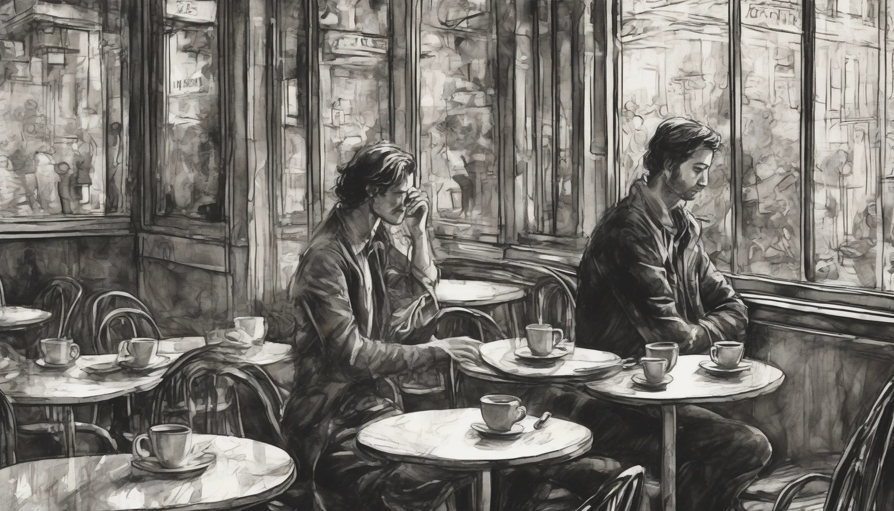 A dimly lit café, the air thick with tension and the aroma of rich coffee, serves as the backdrop for an intense moment. Two figures lock eyes, the weight of unspoken feelings radiating between them. One takes a deep breath, heart racing, and reveals a secret love that has lingered for too long. Emotion swirls, and the world outside fades as vulnerability brings them closer to a transformative revelation.