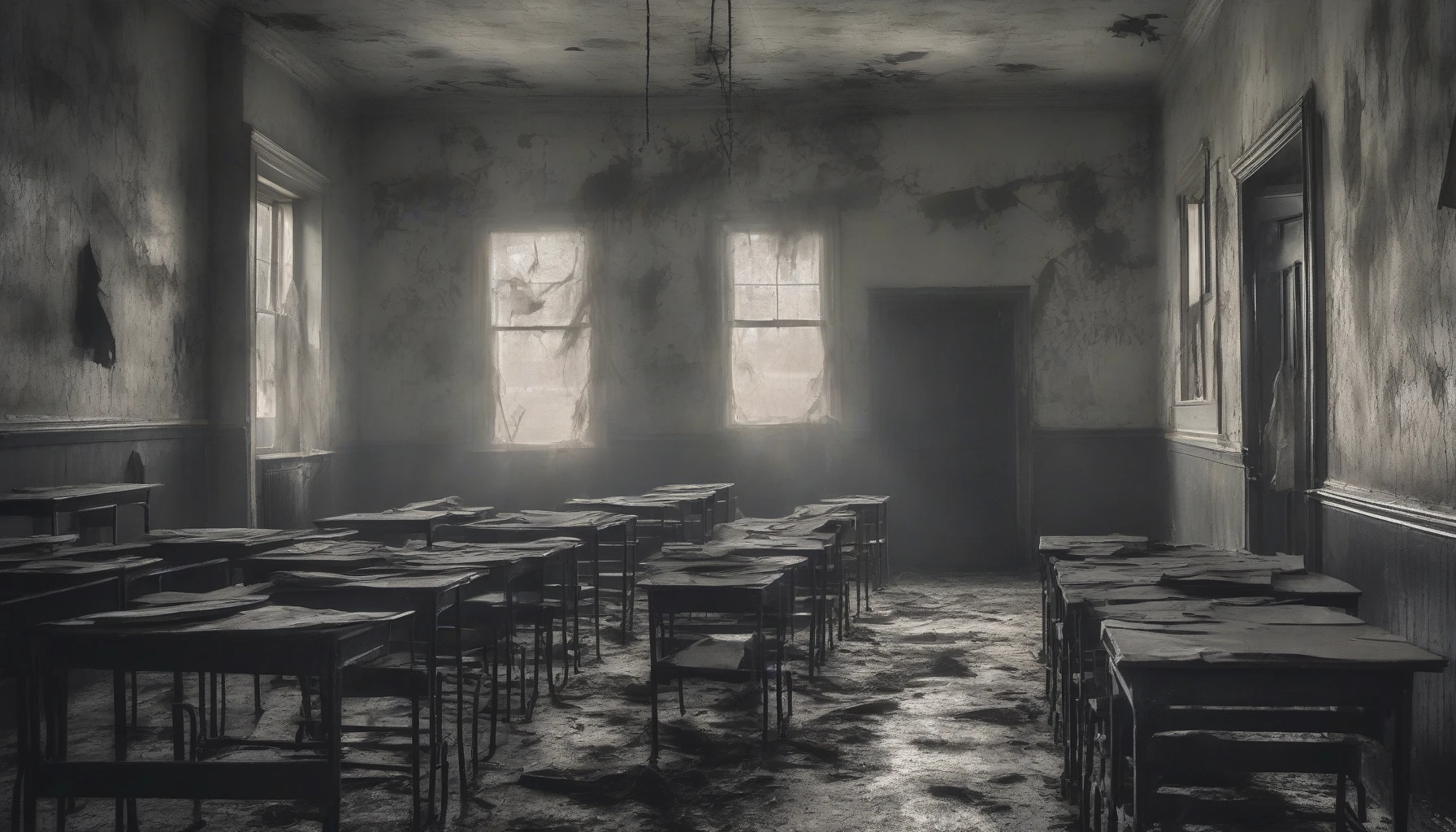 The scene captures the haunting essence of a long-forgotten school, with dusty chalkboards, peeling wallpaper, and flickering lights casting eerie shadows. Ghostly figures loom in the corners, shrouded in mist, while a dimly lit hallway echoes with the faint sound of children’s laughter. Tattered school uniforms hang lifelessly on rusty hooks, and the air is thick with an unsettling silence, inviting viewers to explore the chilling past.