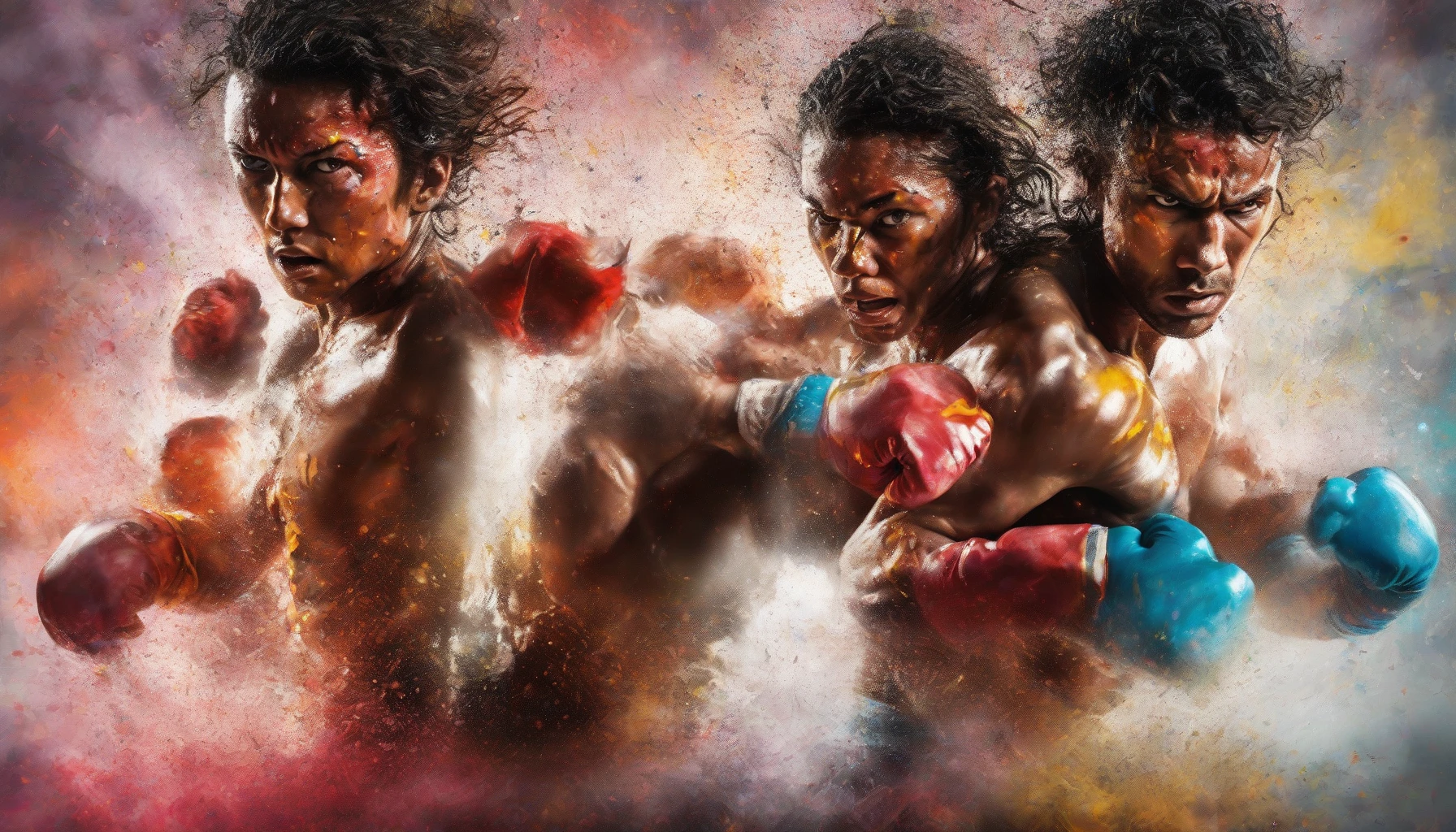 Capture the intensity of a fierce rivalry between two competitors, their eyes locked in an electrifying stare that radiates passion and determination. The background blurs into a whirlwind of colors, symbolizing the heat of their confrontation. Sweat beads on their foreheads, and their clenched fists reveal the pressure of the moment, while dynamic lighting highlights the raw emotion and energy crackling in the air around them.