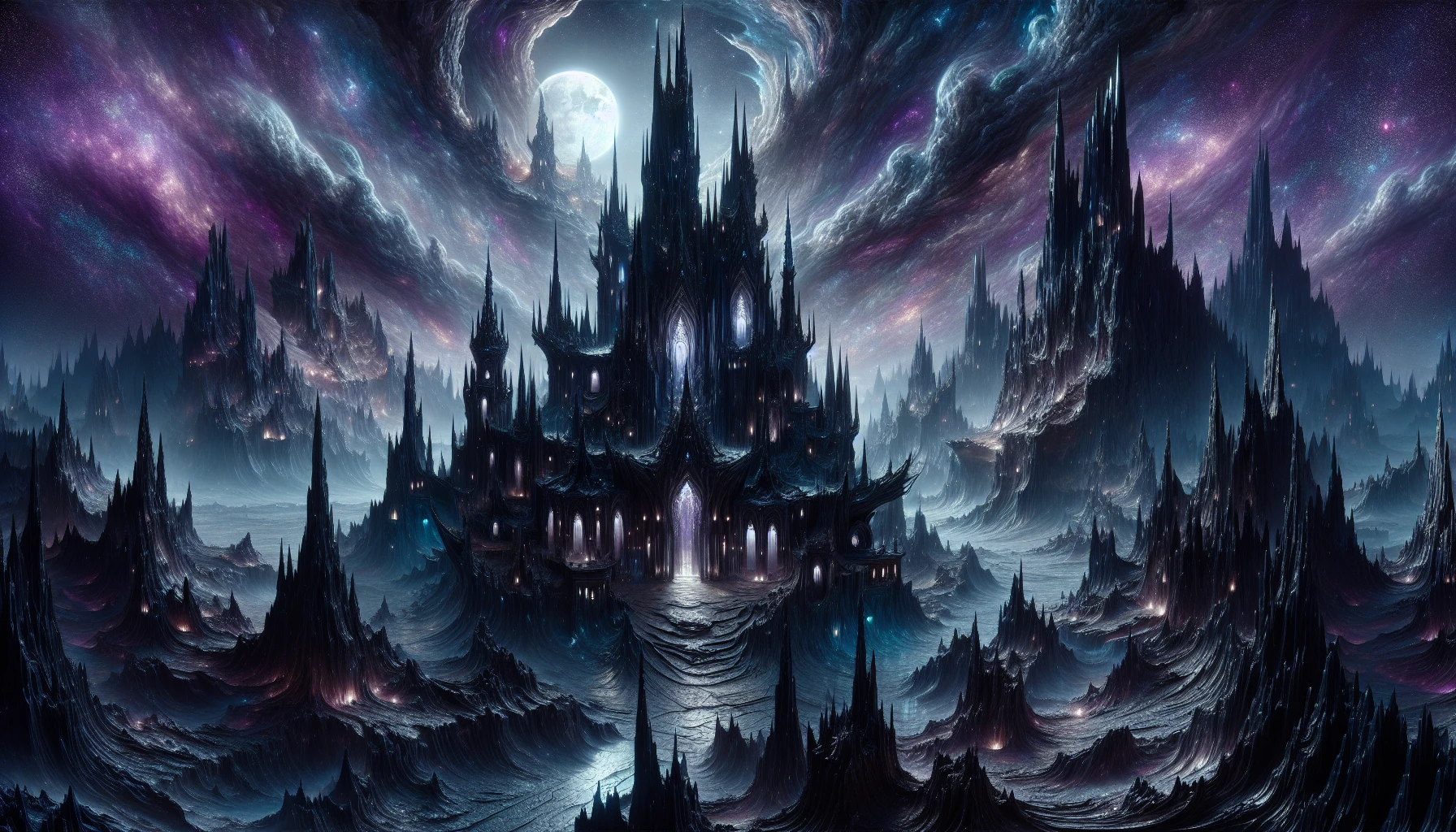Capturing the essence of a dark and mystical fortress, this image depicts an imposing structure made entirely of black obsidian, glistening ominously under a silver moon. Jagged towers pierce the night sky, surrounded by swirling mists of deep purples and blues. Ethereal lights flicker in the windows, hinting at secrets within, while a rugged landscape of barren stones and twisted trees adds to the eerie ambiance of this enchanted realm.