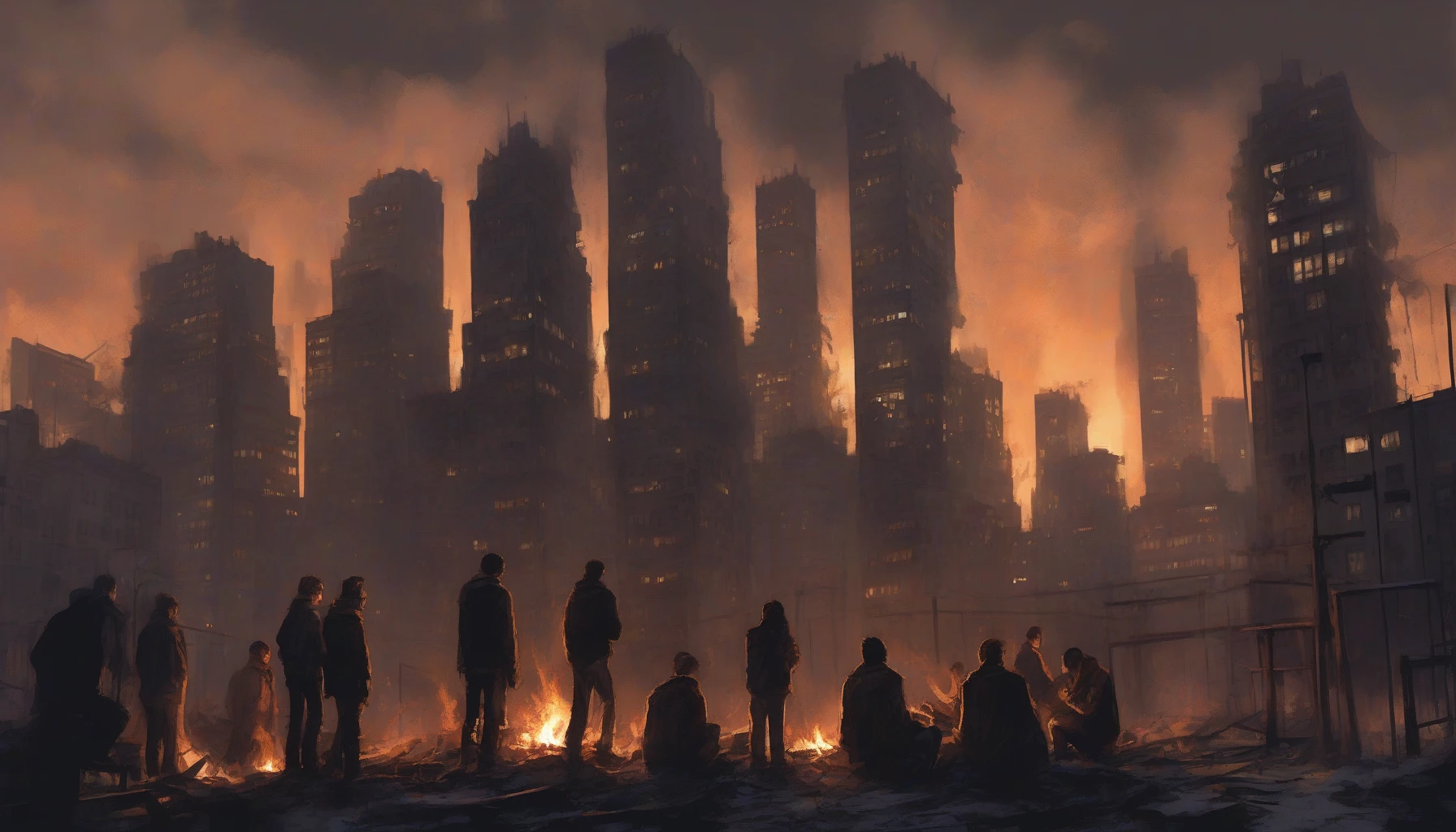 In a hauntingly beautiful urban landscape, a flickering campfire illuminates the shadows of crumbling skyscrapers and twisted metal. A group of weary survivors huddles close, their faces reflecting the warm glow against the cold, dark backdrop. Wisps of smoke curl upwards, disappearing into the night sky, while the remnants of a forgotten city loom around them, echoing tales of survival and resilience.