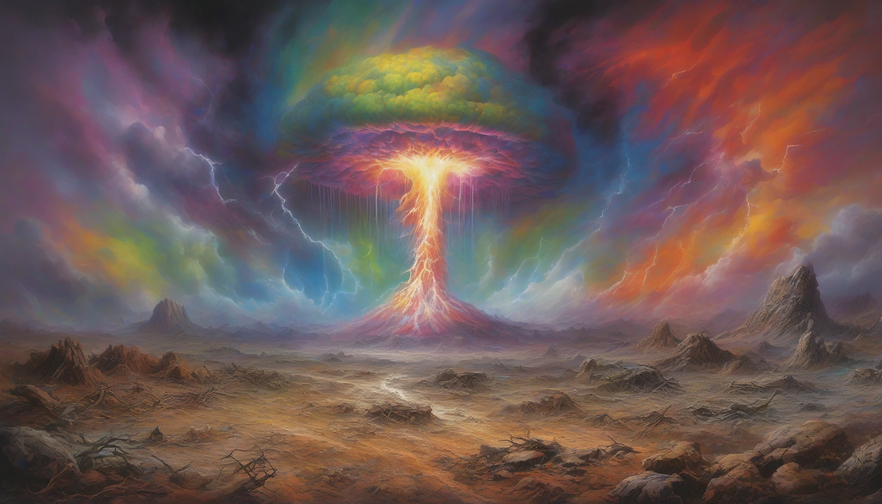 In the heart of a desolate landscape, a colossal nuclear mushroom cloud erupts into a dazzling spectrum of colors, radiating blinding white light that pierces through the darkness. Shockwaves ripple through the air, distorting the environment with an otherworldly force. Fragments of shattered earth and twisted metal whirl in the aftermath, symbolizing both destruction and an eerie beauty, capturing the raw power of nature unleashed.