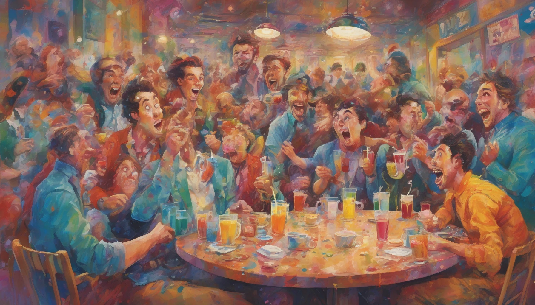 Imagine a lively café scene where a group of friends sits at a round table, their faces lit with surprise and amusement. One friend, mid-sentence, accidentally spills a drink, triggering bursts of nervous laughter. The colorful splashes of liquid contrast with their flushed cheeks, creating a whimsical chaos. A nearby musician pauses, his eyebrows raised in question, while the sunlight filters through the window, capturing the pure joy of the moment.