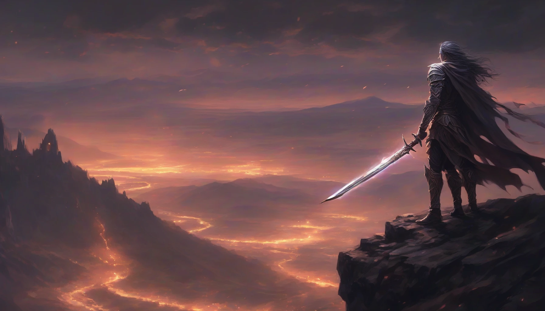 In a realm shrouded in darkness, a fearless warrior stands poised on a jagged cliff. Clad in shimmering armor reflecting the twilight, they wield a radiant sword that pulses with a magical glow, illuminating their determined face. The wind billows their cape as they gaze over a valley where shadows writhe, ready to battle the encroaching night. Each spark from the sword ignites hope, heralding a new dawn.